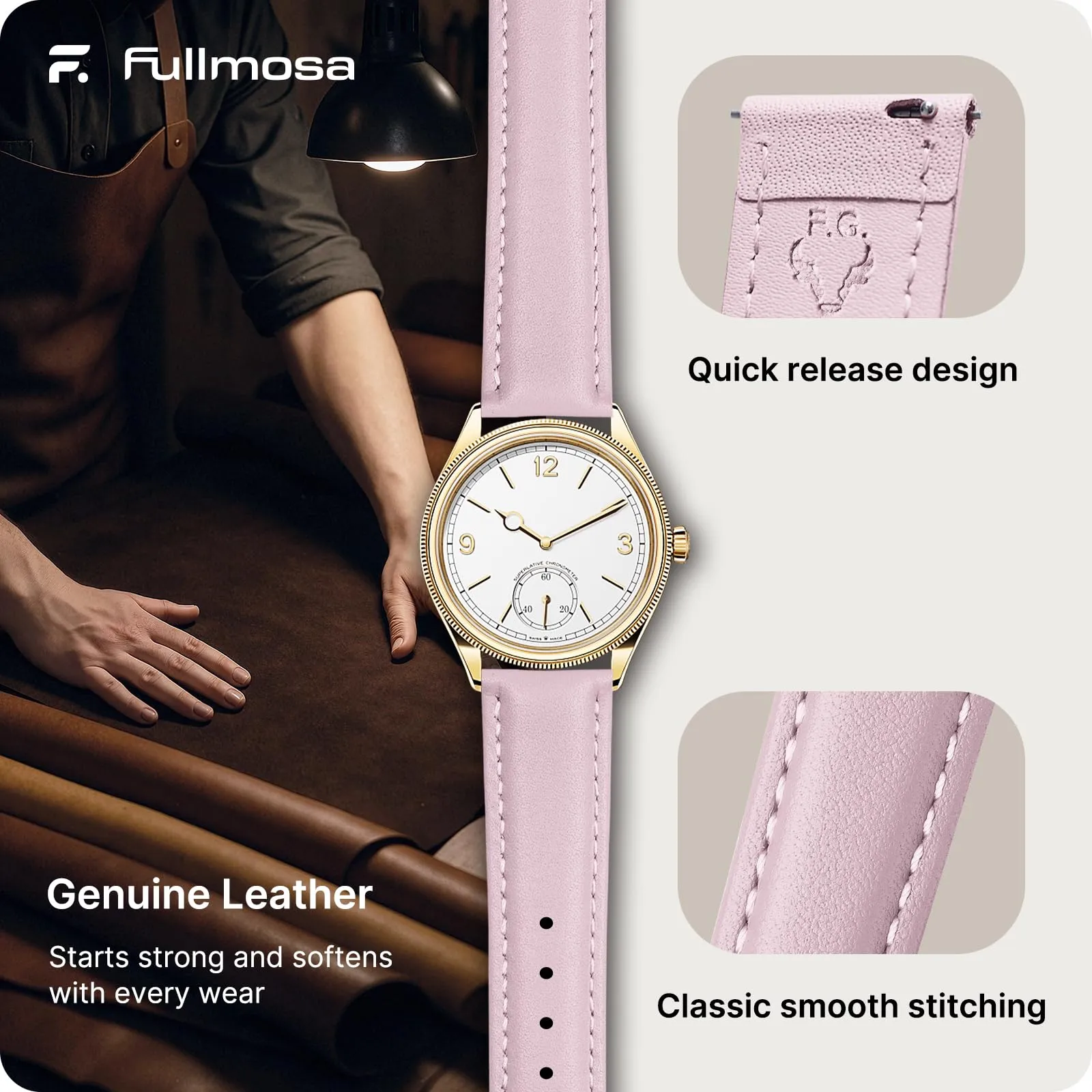 Fullmosa Cinturino in Pelle 14mm a Sgancio Rapido per Garmin Lily 2 e Lily 2 Active, Rosa Sabbia con Fibbia Oro - immagine 4