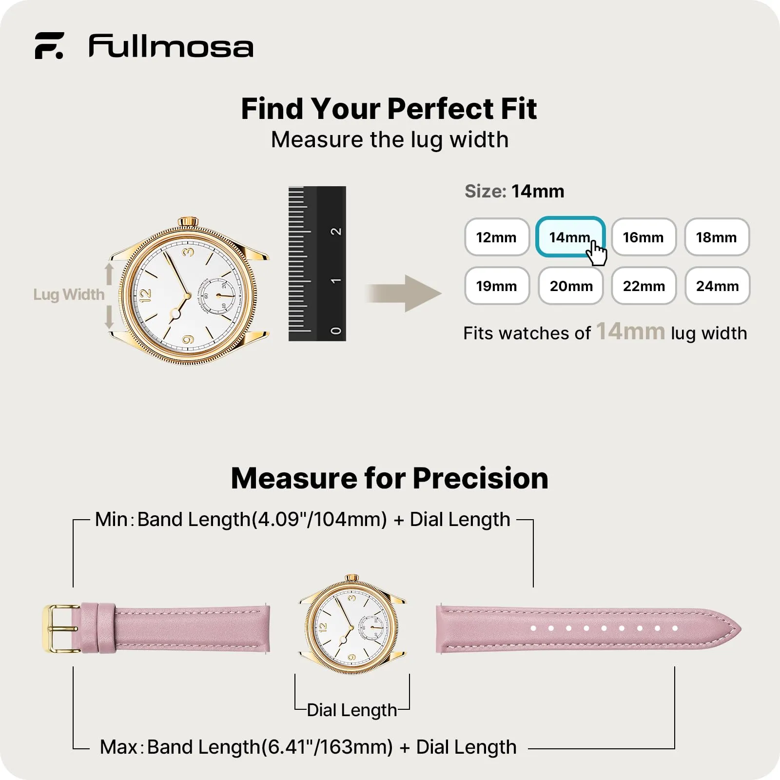 Fullmosa Cinturino in Pelle 14mm a Sgancio Rapido per Garmin Lily 2 e Lily 2 Active, Rosa Sabbia con Fibbia Oro - immagine 5