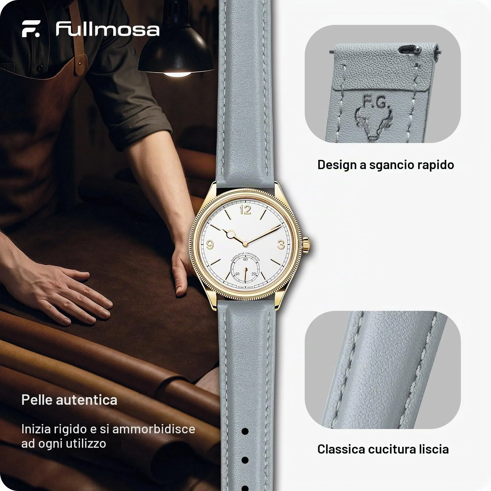 Fullmosa Cinturino per Orologio 18mm in Pelle a Sgancio Rapido - Grigio Chiaro con Fibbia Oro - immagine 3