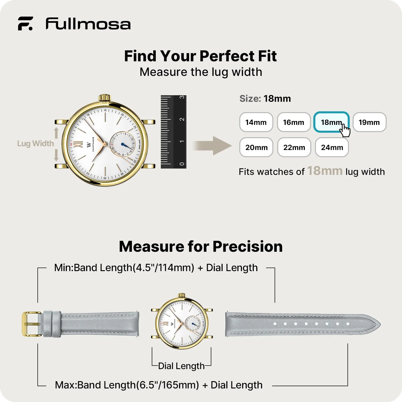 Fullmosa Cinturino per Orologio 18mm in Pelle a Sgancio Rapido - Grigio Chiaro con Fibbia Oro - immagine 4