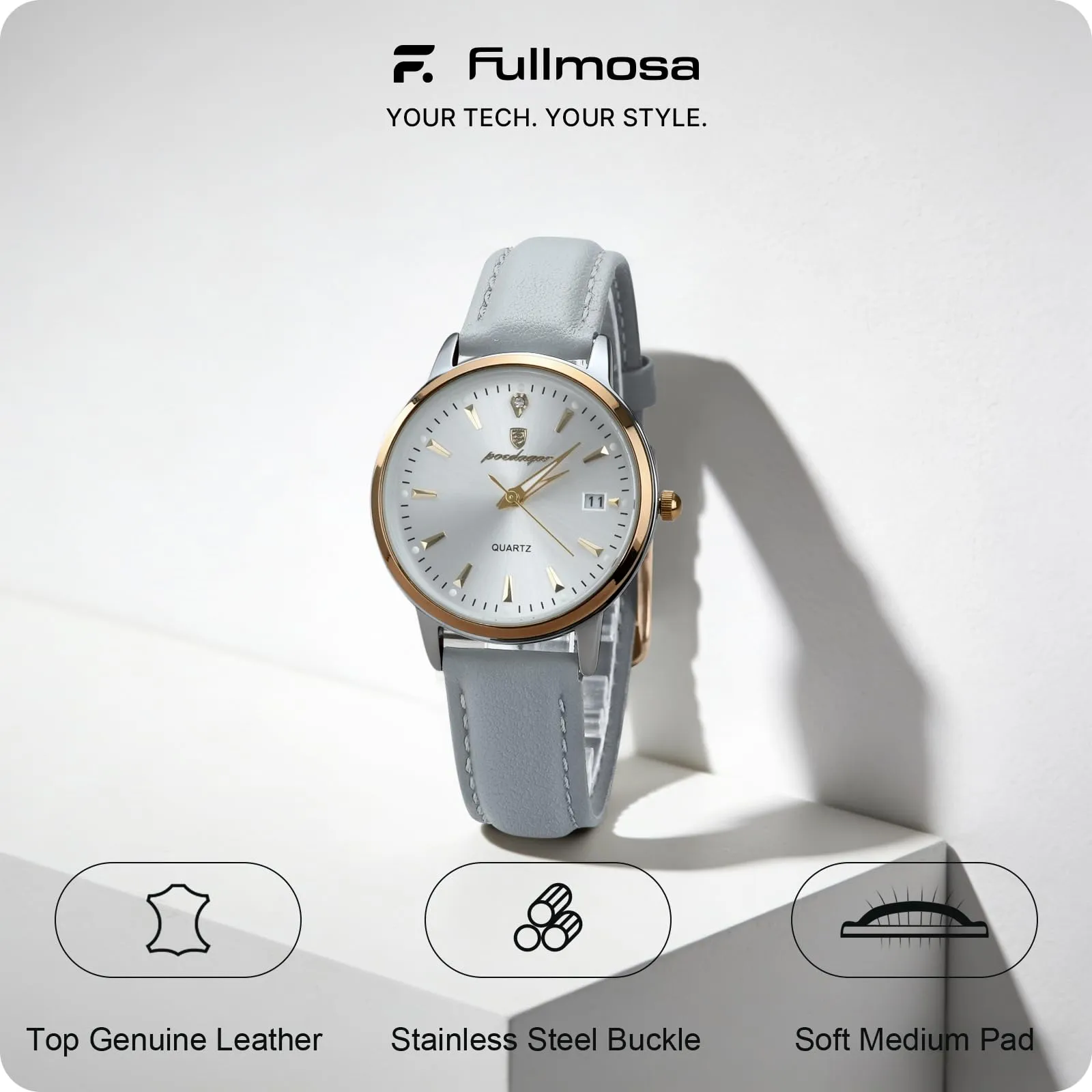 Fullmosa Cinturino per Orologio 18mm in Pelle a Sgancio Rapido LWS-1662 Grigio Chiaro Fibbia Rosé - immagine 2