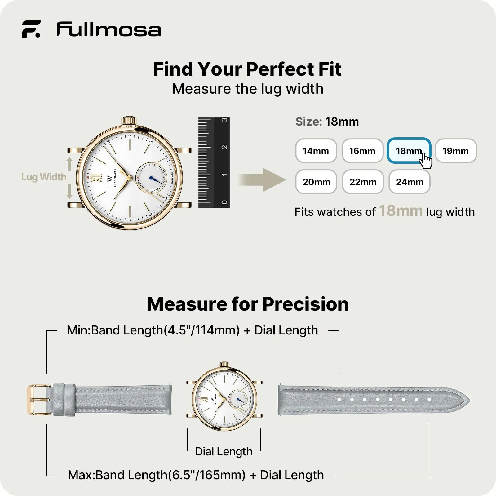 Fullmosa Cinturino per Orologio 18mm in Pelle a Sgancio Rapido LWS-1662 Grigio Chiaro Fibbia Rosé - immagine 5