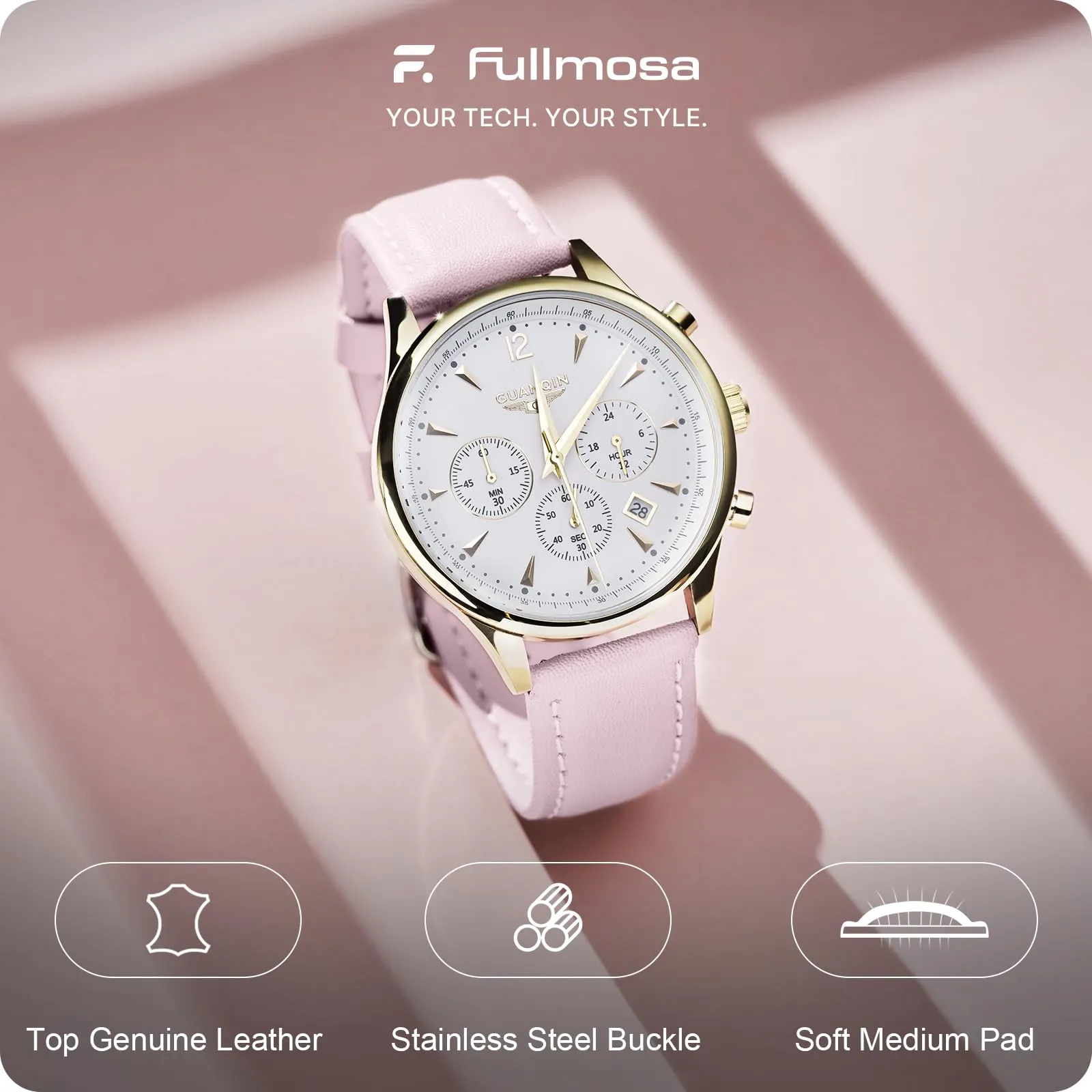 Fullmosa Cinturino per Orologio in Pelle a Sgancio Rapido 16mm - Rosa Sabbia Fibbia Oro - immagine 2