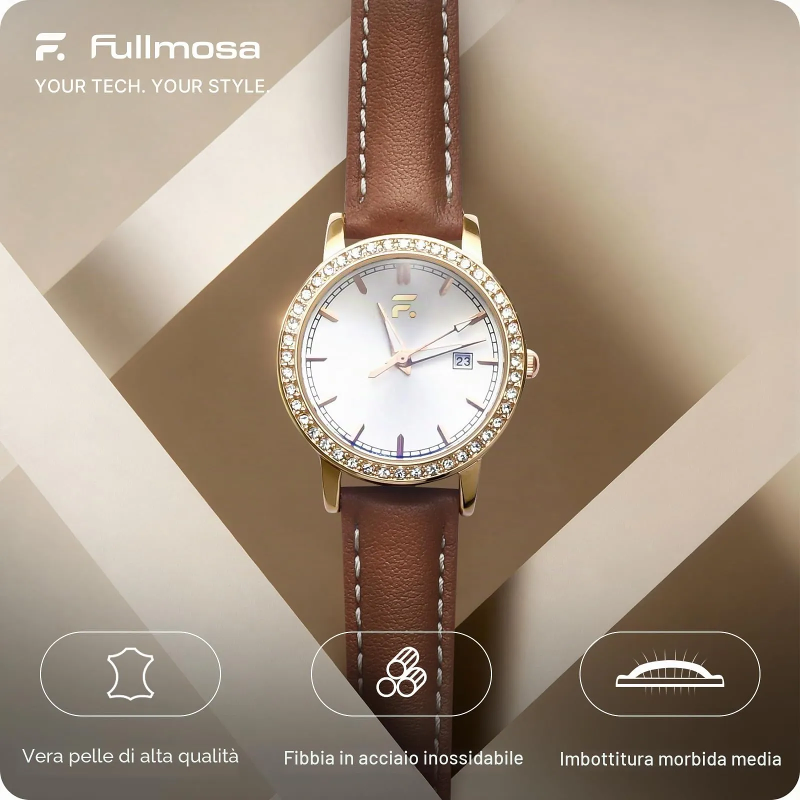 Fullmosa Cinturino per Orologio 18mm in Vera Pelle a Sgancio Rapido, Marrone con Fibbia Oro - immagine 2