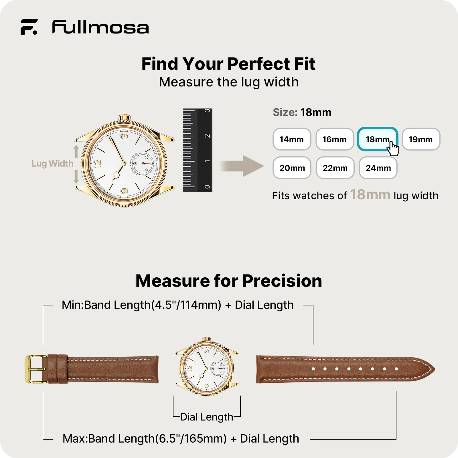 Fullmosa Cinturino per Orologio 18mm in Vera Pelle a Sgancio Rapido, Marrone con Fibbia Oro - immagine 5