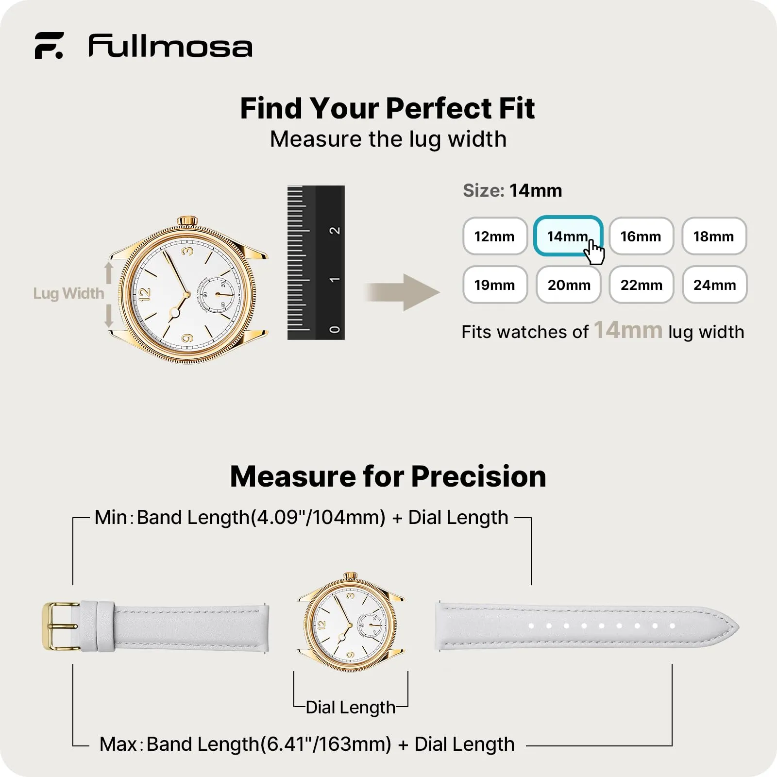 Fullmosa Cinturino per Orologio 14mm in Pelle a Sgancio Rapido per Garmin Lily 2, Lily 2 Active - Bianco con Fibbia Oro - immagine 5