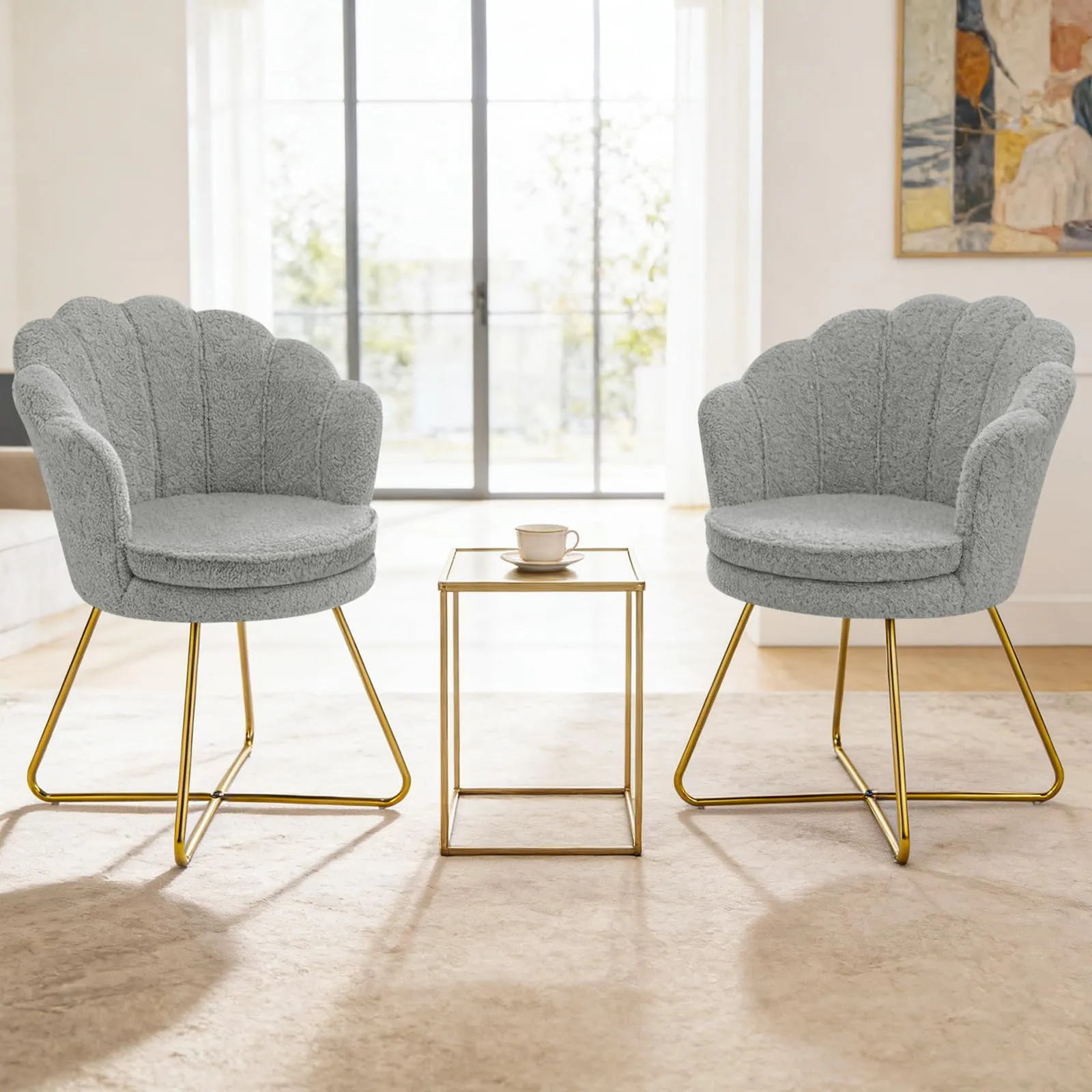Hellove Set di 2 Poltrone Conchiglia in Teddy con Gambe in Metallo Placcato Oro, Grigio - immagine 1