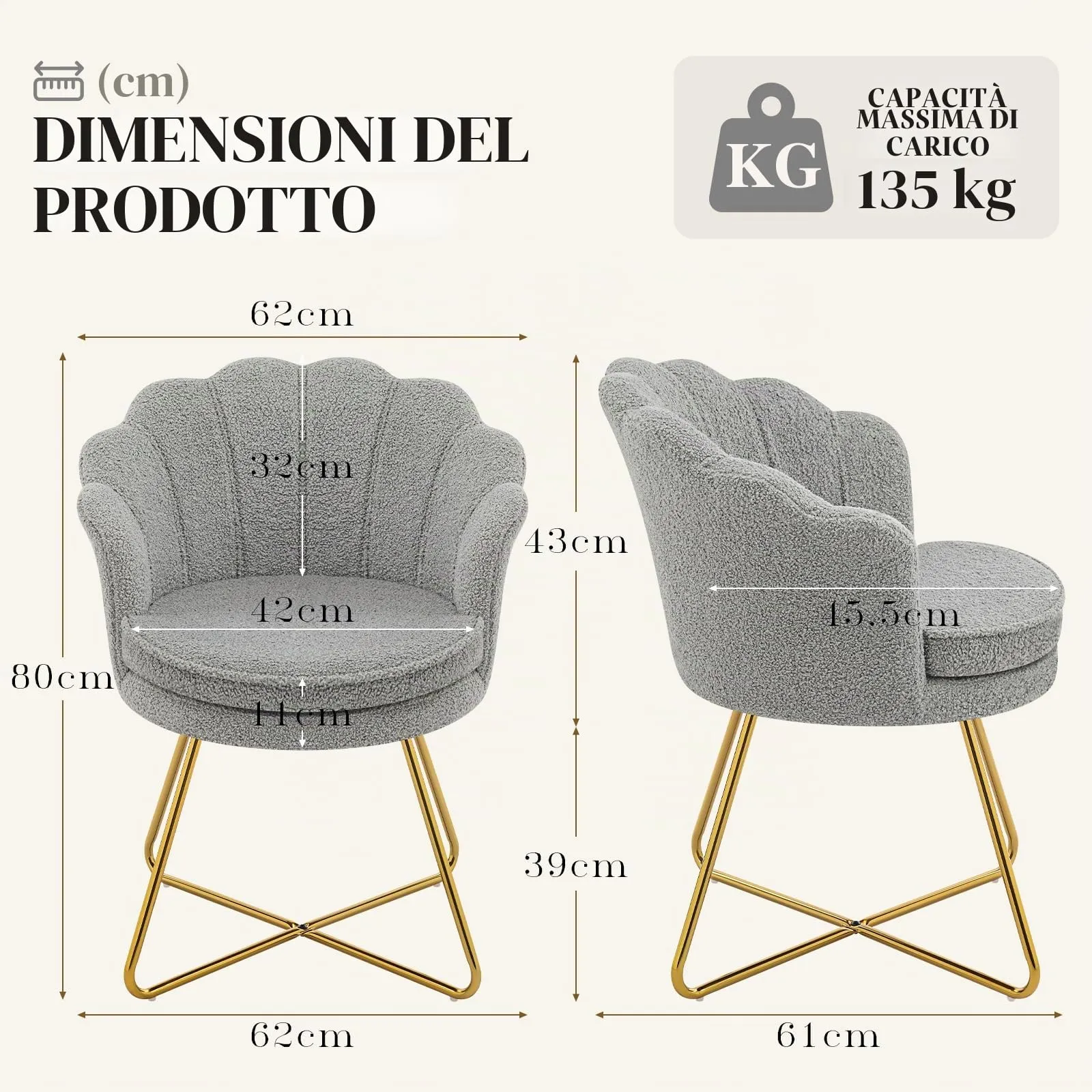 Hellove Set di 2 Poltrone Conchiglia in Teddy con Gambe in Metallo Placcato Oro, Grigio - immagine 2
