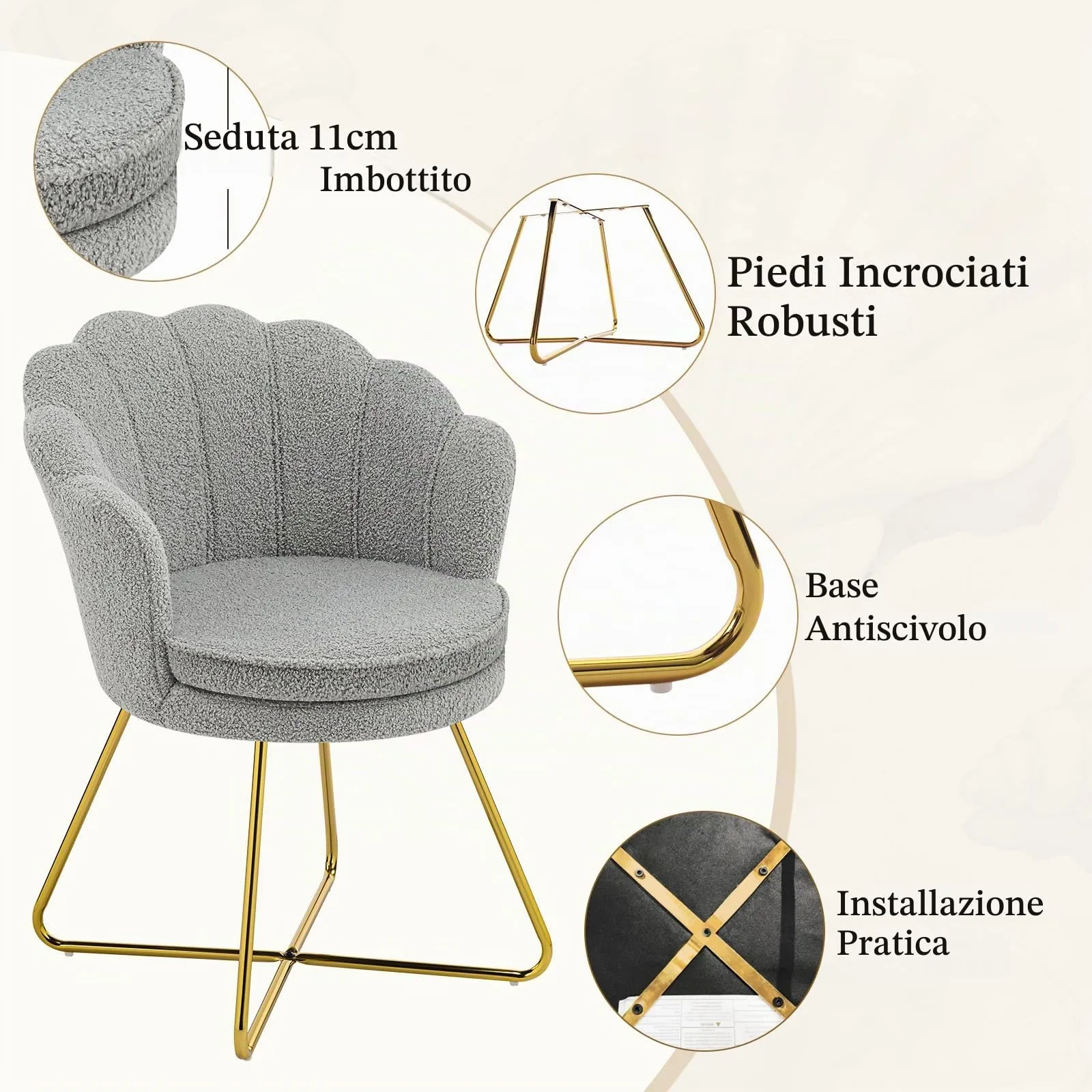 Hellove Set di 2 Poltrone Conchiglia in Teddy con Gambe in Metallo Placcato Oro, Grigio - immagine 4
