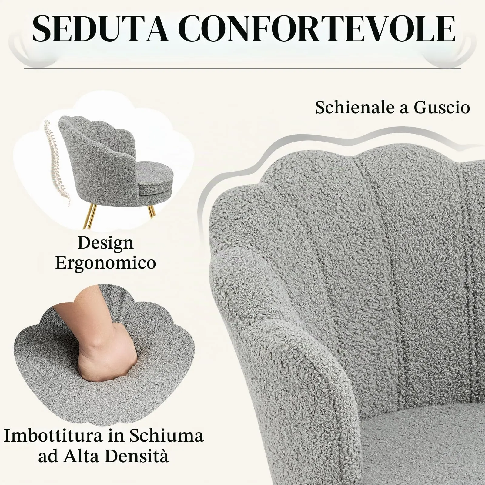 Hellove Set di 2 Poltrone Conchiglia in Teddy con Gambe in Metallo Placcato Oro, Grigio - immagine 5