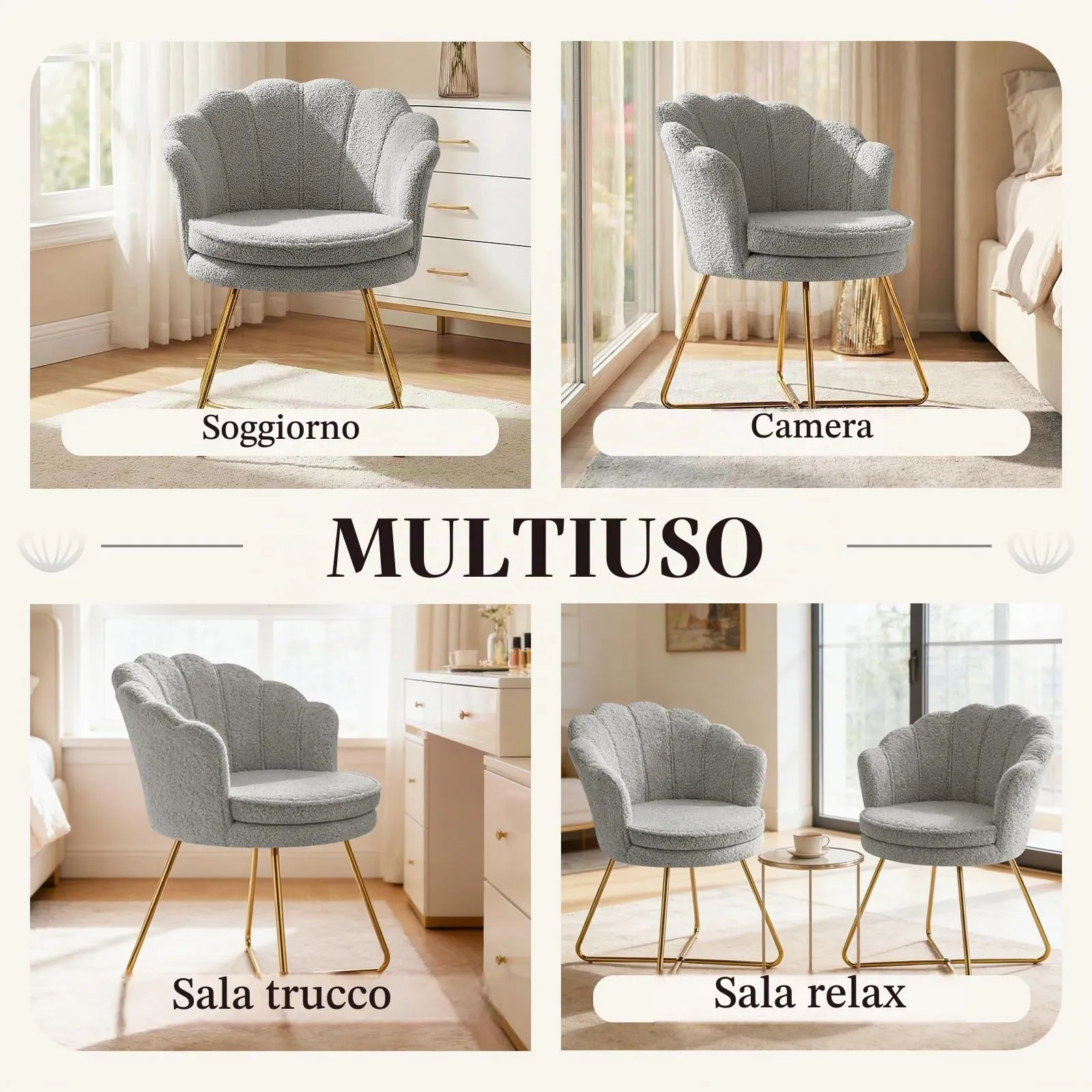 Hellove Set di 2 Poltrone Conchiglia in Teddy con Gambe in Metallo Placcato Oro, Grigio - immagine 6