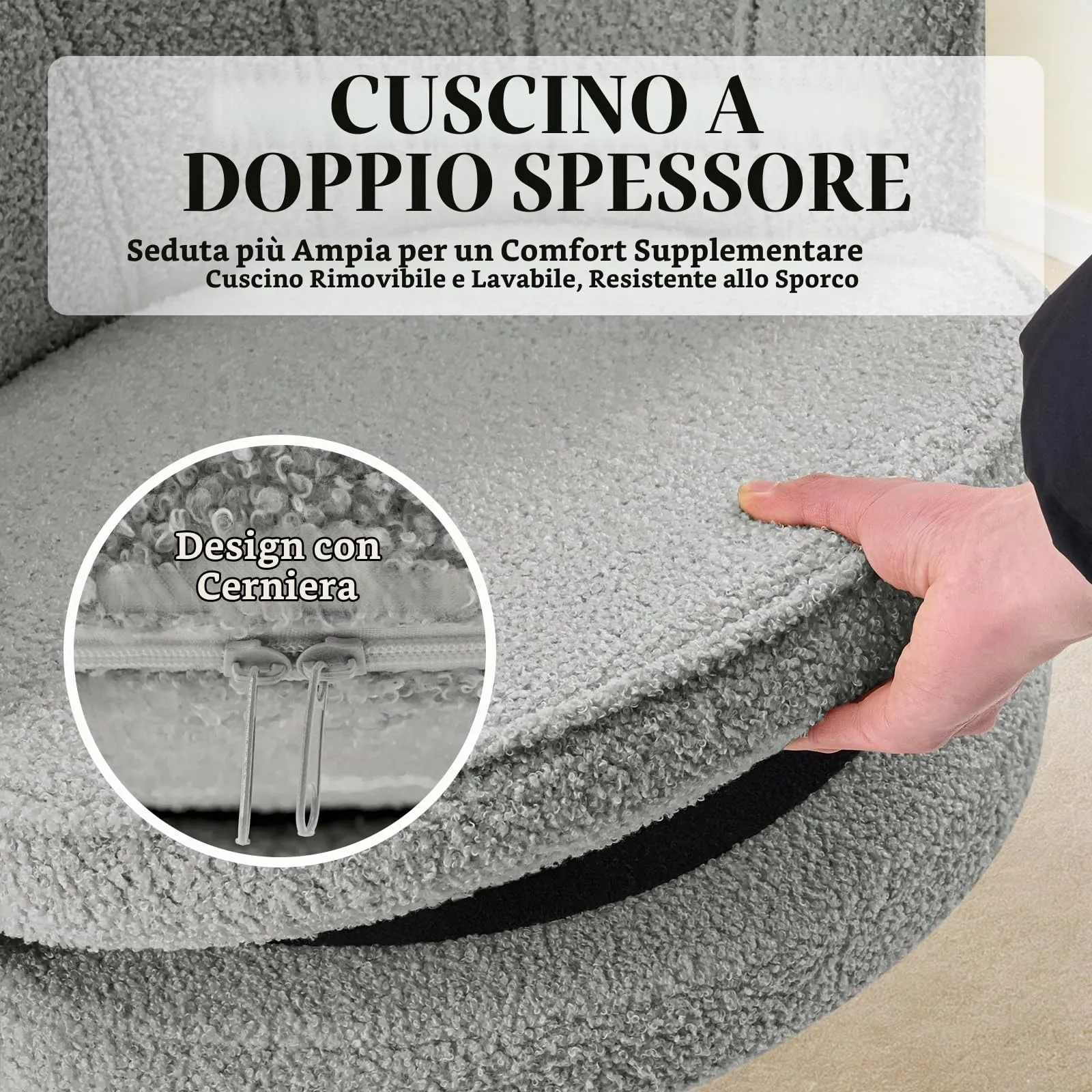 Hellove Set di 2 Poltrone Conchiglia in Teddy con Gambe in Metallo Placcato Oro, Grigio - immagine 8