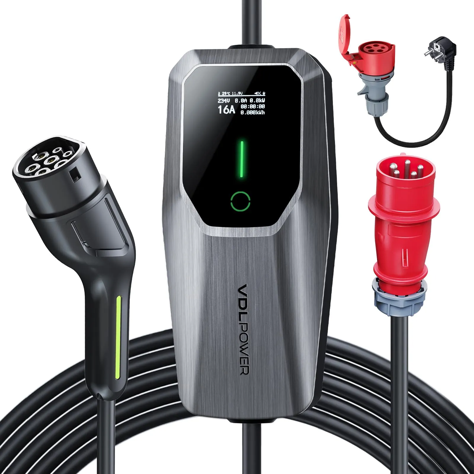 VDLPOWEREU EC31-EU Caricabatterie per Veicoli Elettrici 11kW, Cavo di Ricarica Tipo 2 con Adattatore Schuko e Presa Trifase CEE, 5m, 6-16A - immagine 1