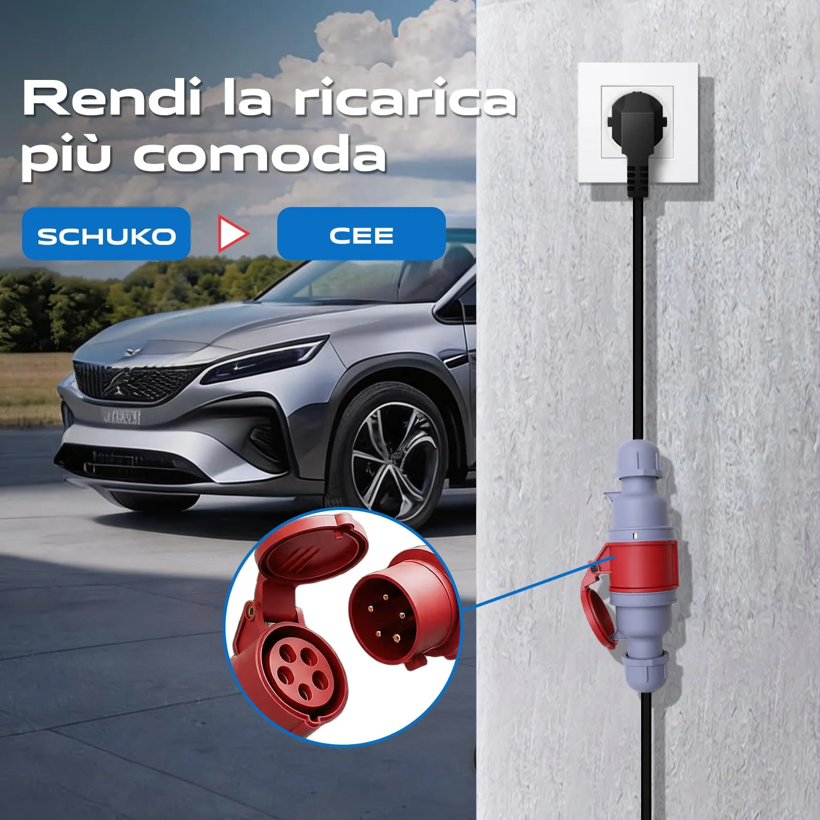 VDLPOWEREU EC31-EU Caricabatterie per Veicoli Elettrici 11kW, Cavo di Ricarica Tipo 2 con Adattatore Schuko e Presa Trifase CEE, 5m, 6-16A - immagine 5