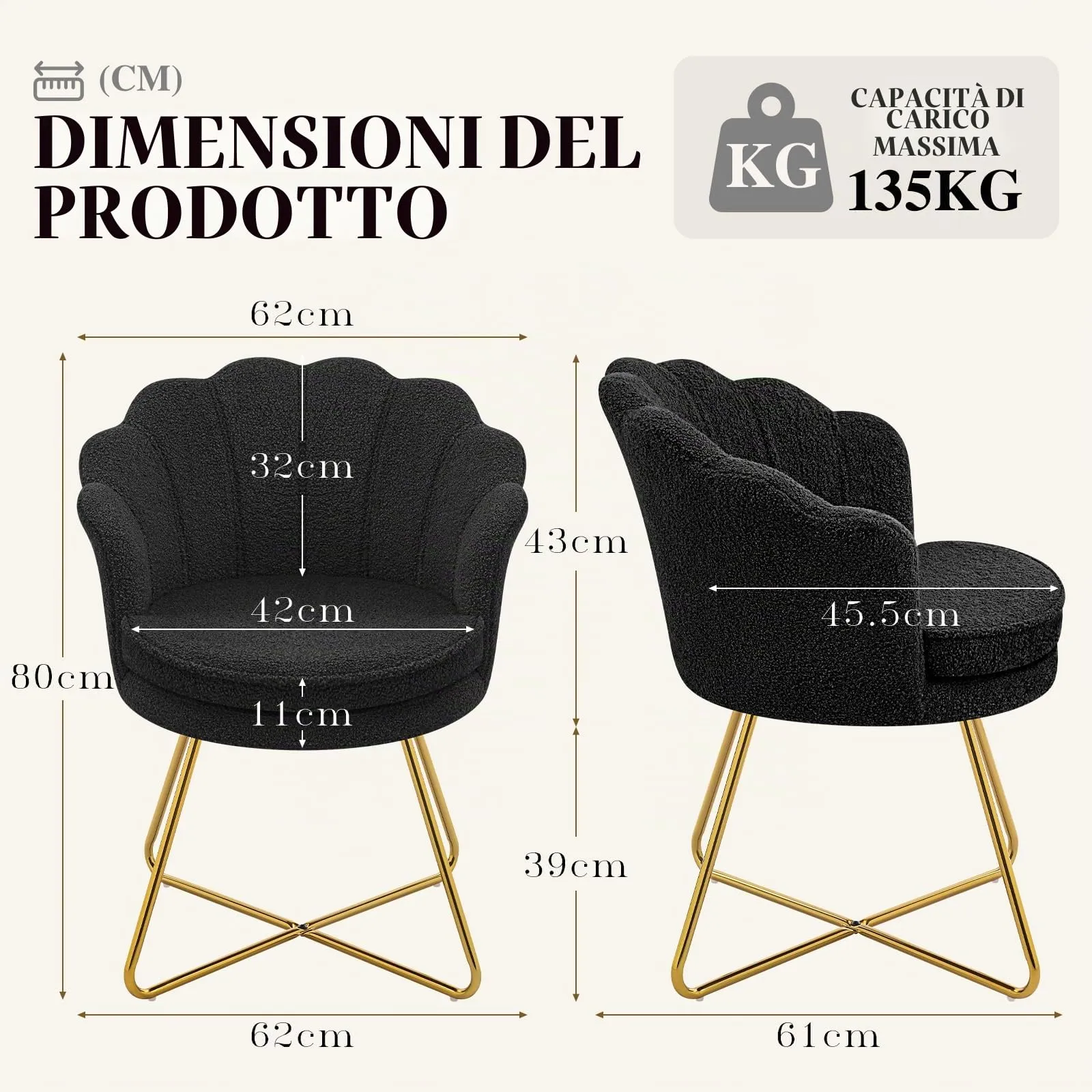 Hellove Poltrona Conchiglia in Teddy con Gambe in Metallo Placcato Oro, Nero - immagine 2