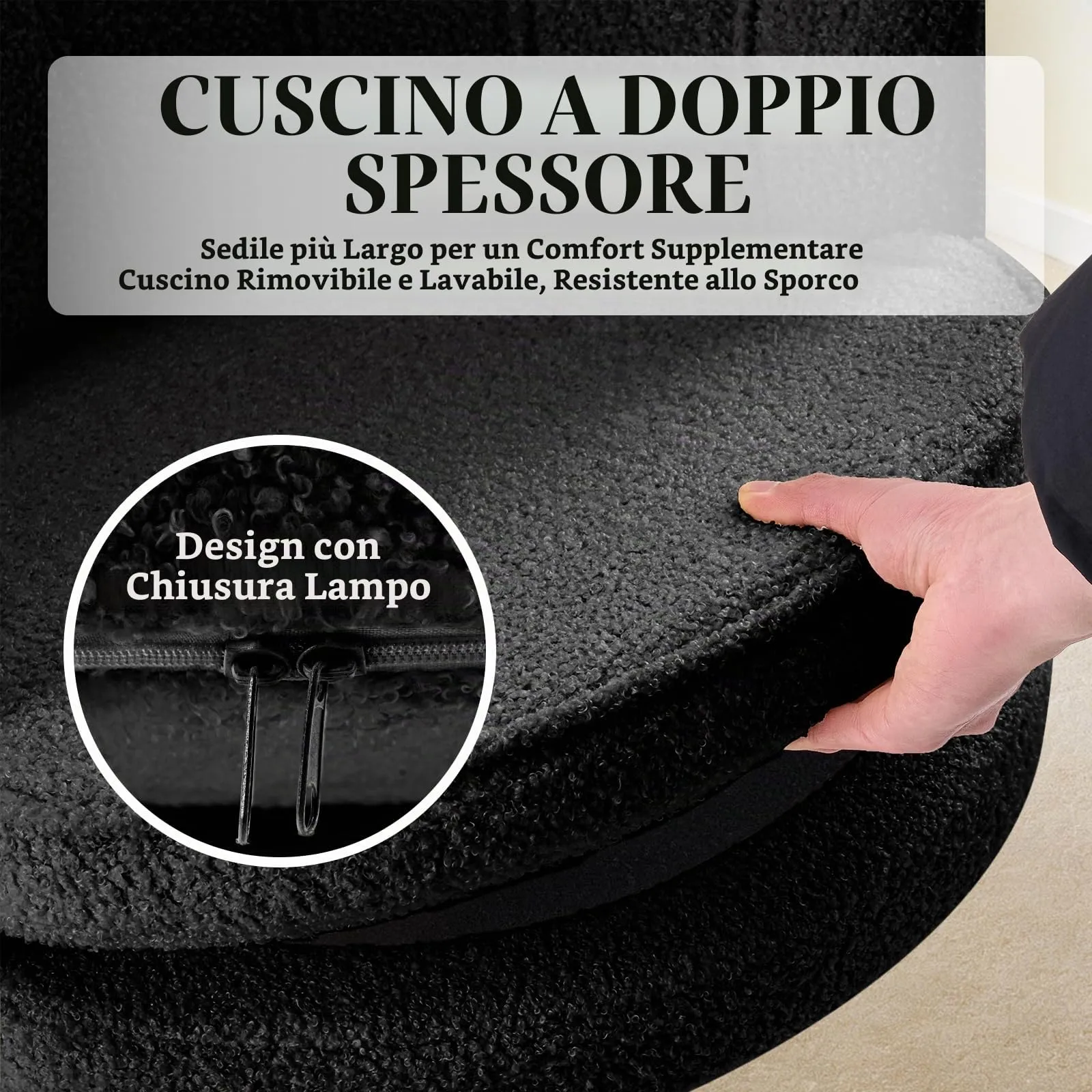 Hellove Poltrona Conchiglia in Teddy con Gambe in Metallo Placcato Oro, Nero - immagine 4