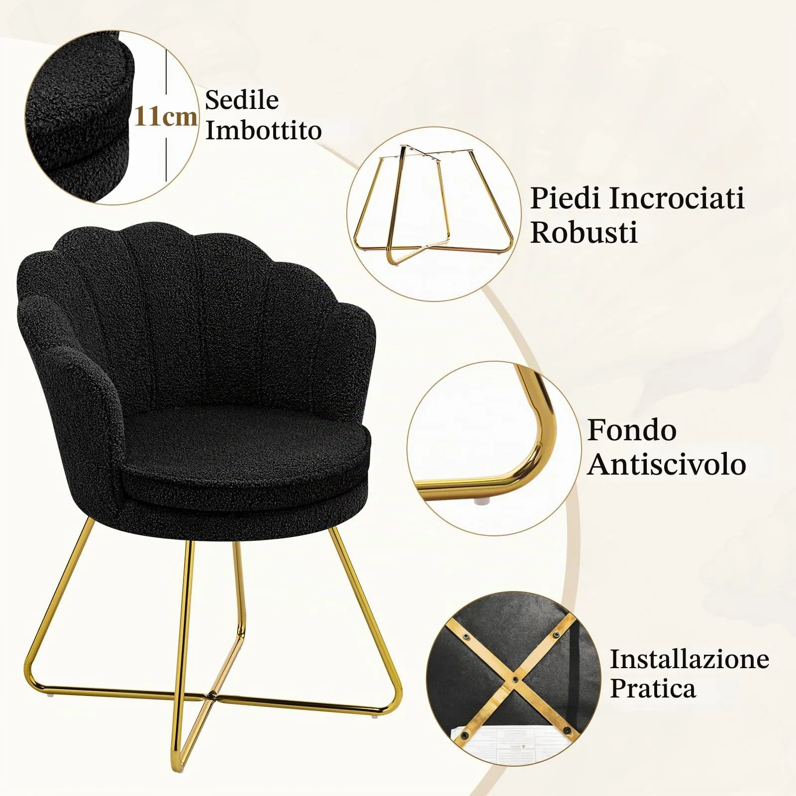 Hellove Poltrona Conchiglia in Teddy con Gambe in Metallo Placcato Oro, Nero - immagine 6
