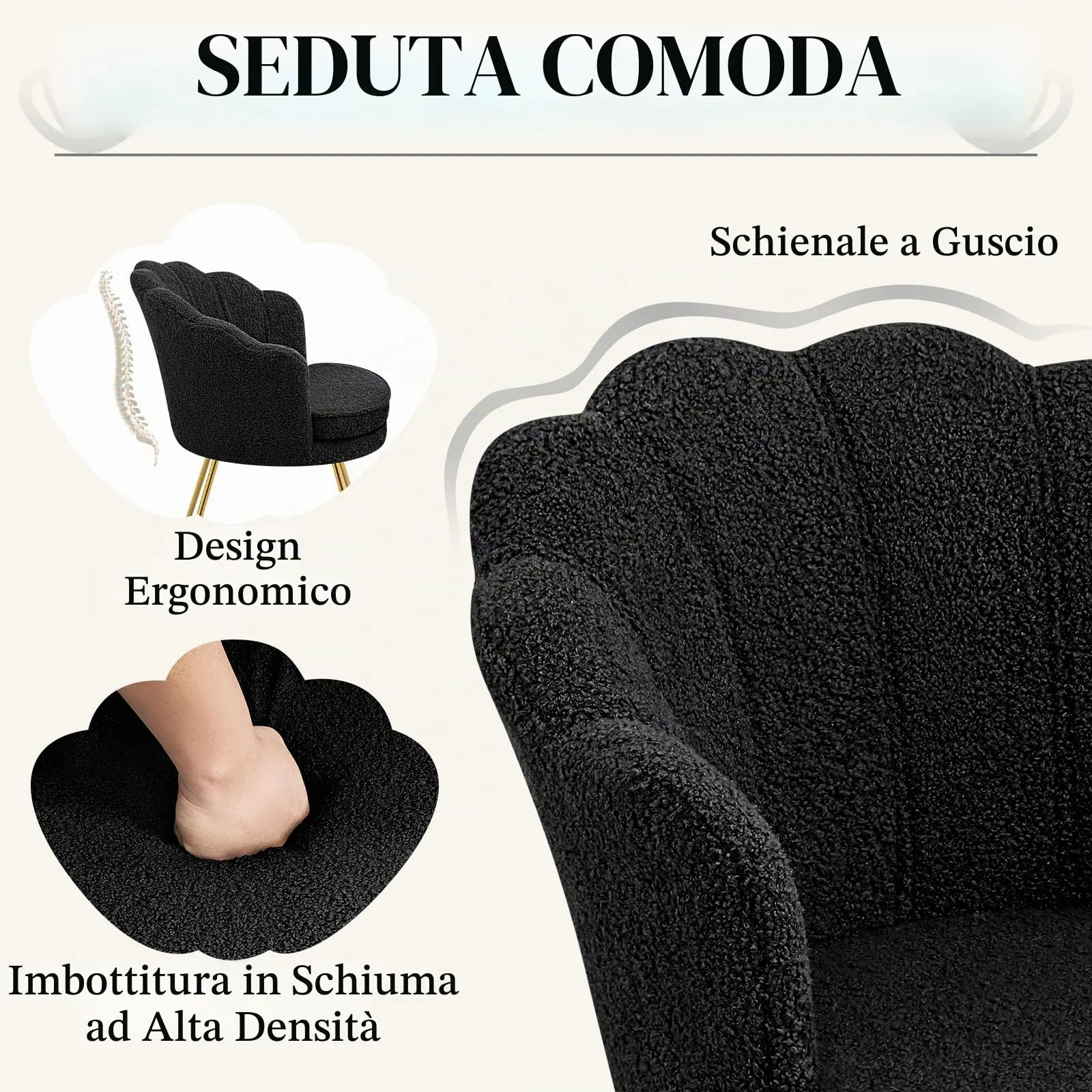 Hellove Poltrona Conchiglia in Teddy con Gambe in Metallo Placcato Oro, Nero - immagine 7