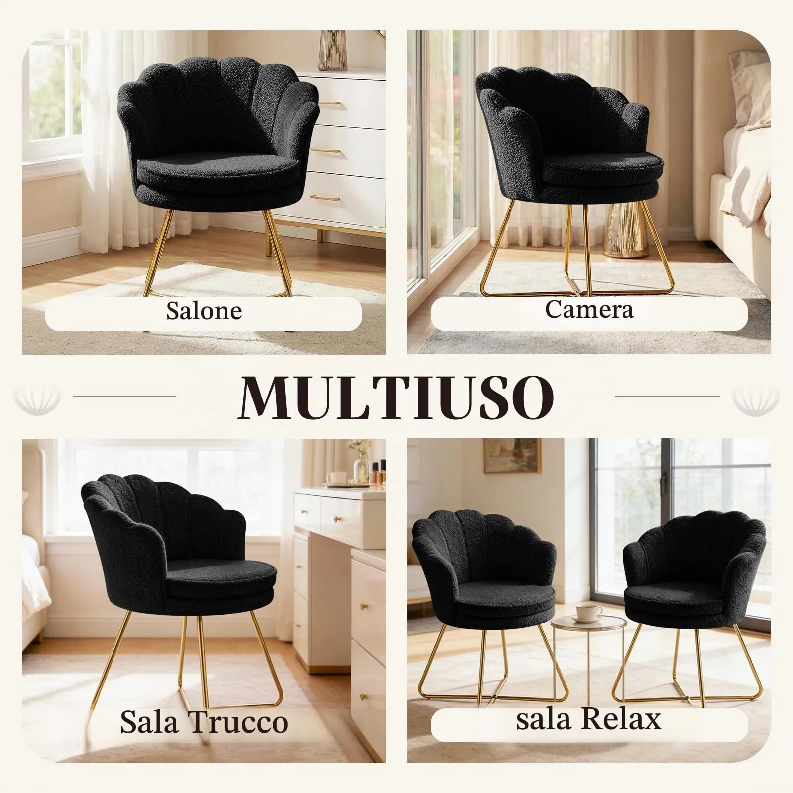 Hellove Poltrona Conchiglia in Teddy con Gambe in Metallo Placcato Oro, Nero - immagine 8