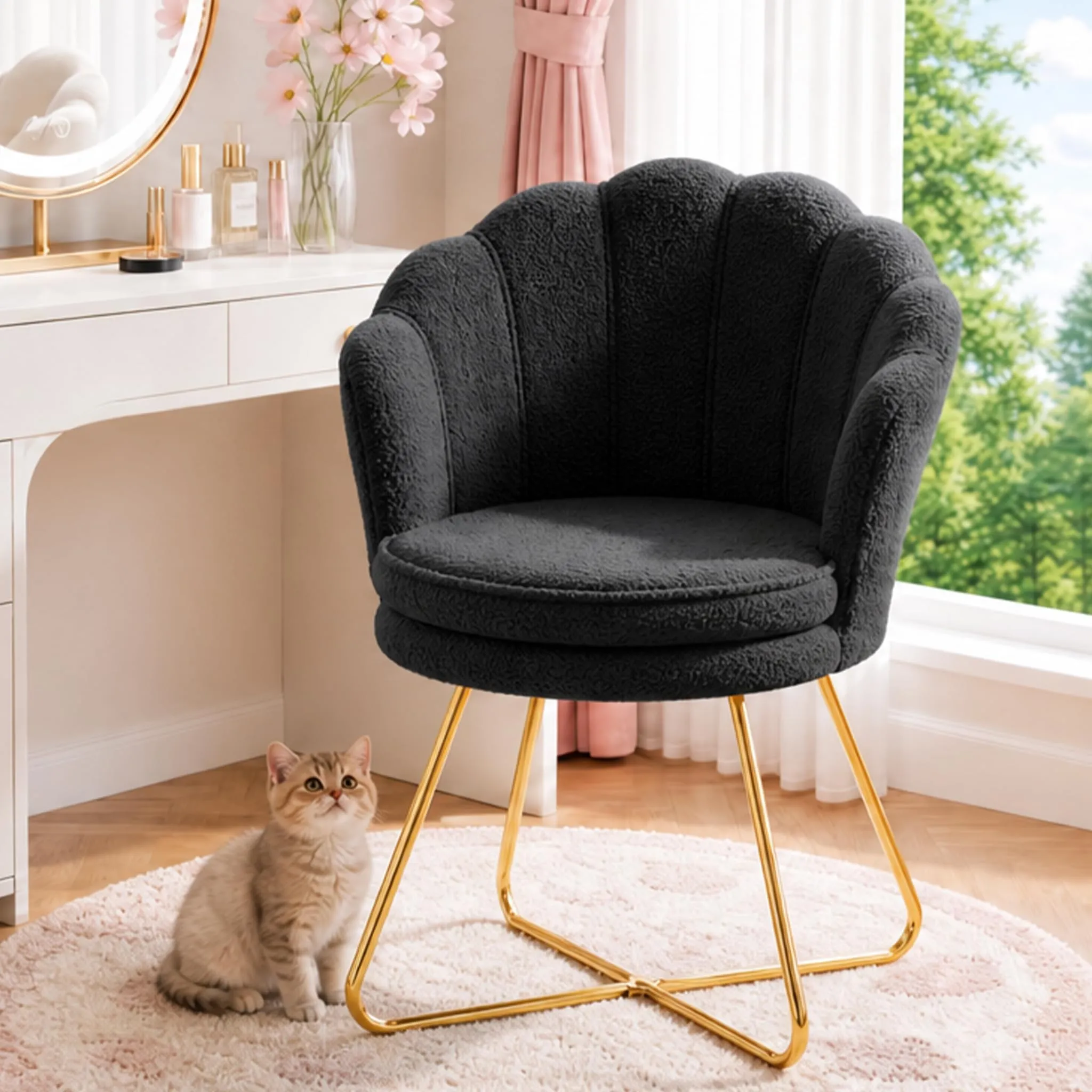 Hellove Poltrona Conchiglia in Teddy con Gambe in Metallo Placcato Oro, Nero - immagine 9