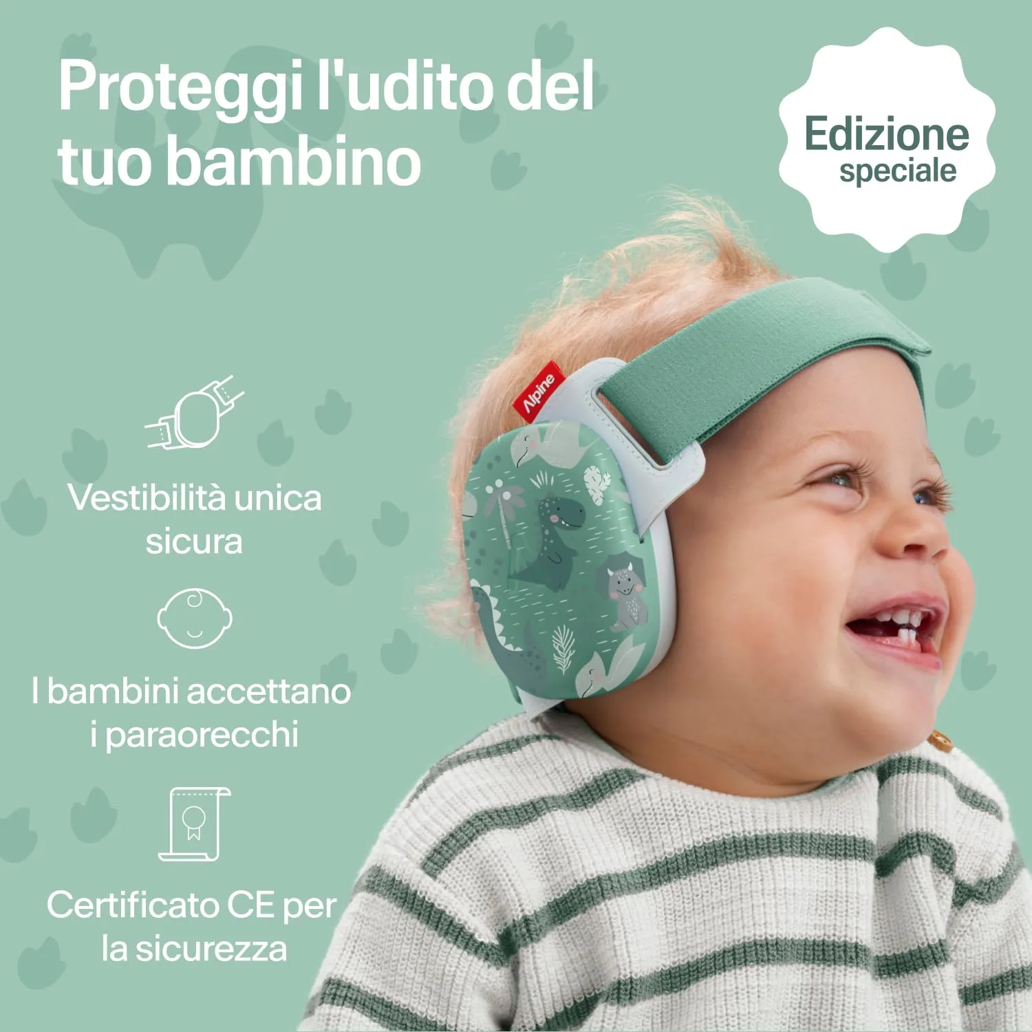 Alpine Muffy Baby Comfort Paraorecchie per Neonati e Bambini, Attenuazione 24 dB, Dinosauri - immagine 2