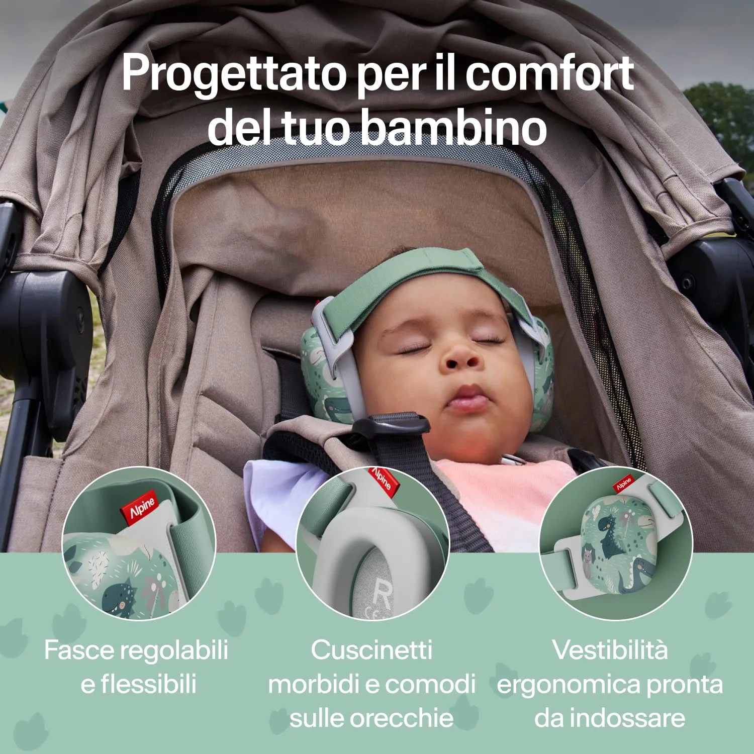 Alpine Muffy Baby Comfort Paraorecchie per Neonati e Bambini, Attenuazione 24 dB, Dinosauri - immagine 3