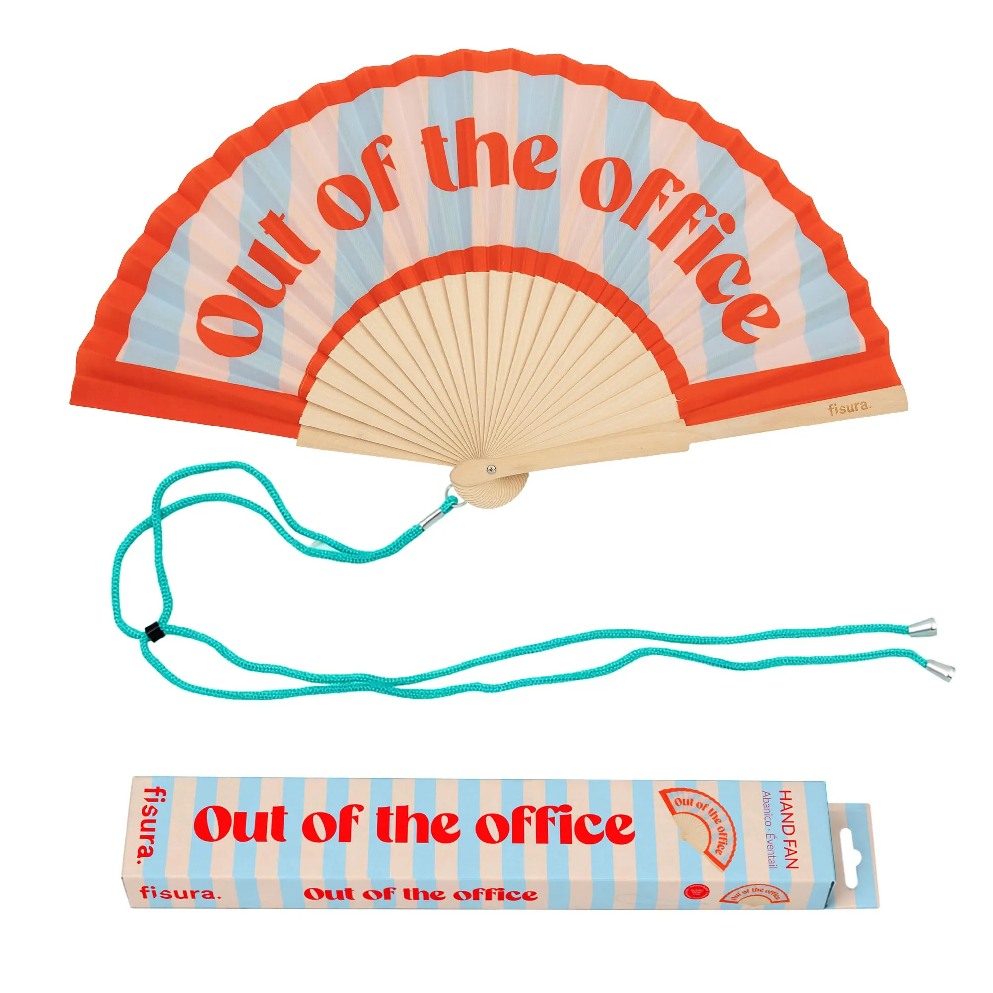 Fisura Ventaglio in legno Out of the Office, blu e rosso, con laccetto, 42,5 x 23 cm - immagine 1