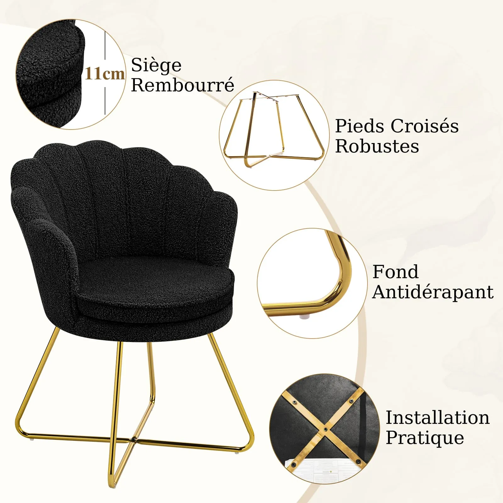 Hellove Set di 2 Poltrone Conchiglia in Teddy con Gambe in Metallo Placcato Oro, Nero - immagine 5