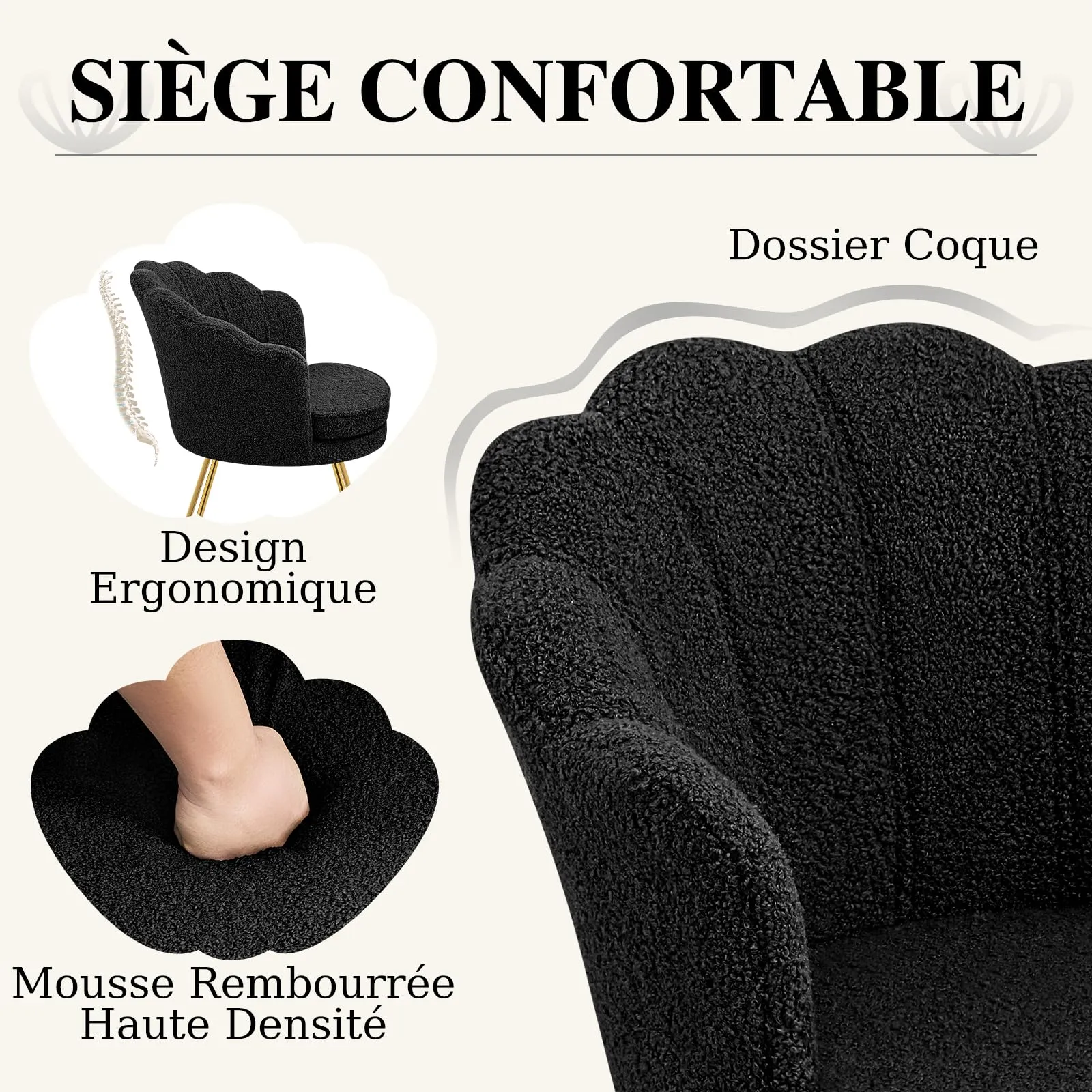 Hellove Set di 2 Poltrone Conchiglia in Teddy con Gambe in Metallo Placcato Oro, Nero - immagine 6