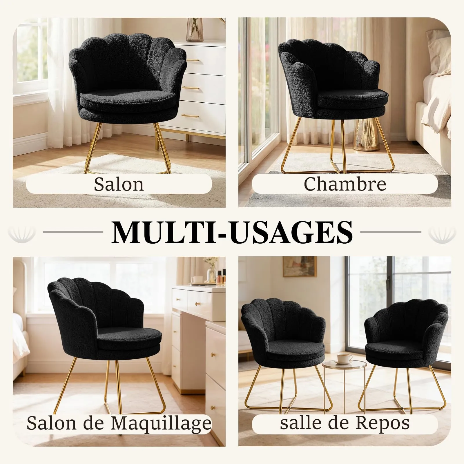 Hellove Set di 2 Poltrone Conchiglia in Teddy con Gambe in Metallo Placcato Oro, Nero - immagine 7