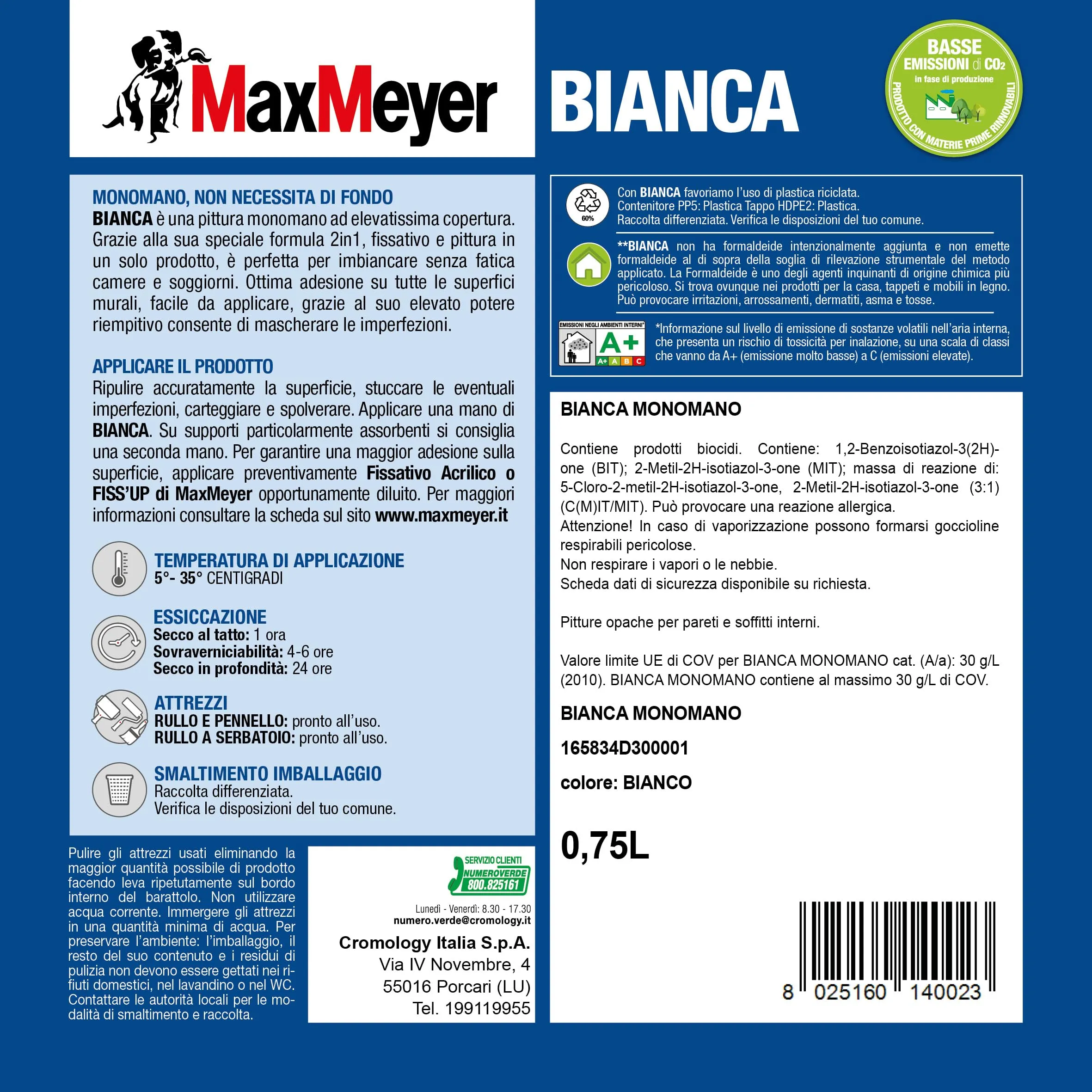MaxMeyer Bianca Monomano BMB, Pittura per Interni Lavabile 2 in 1, Finitura Opaca, Bianco, 0,75 Litri - immagine 2