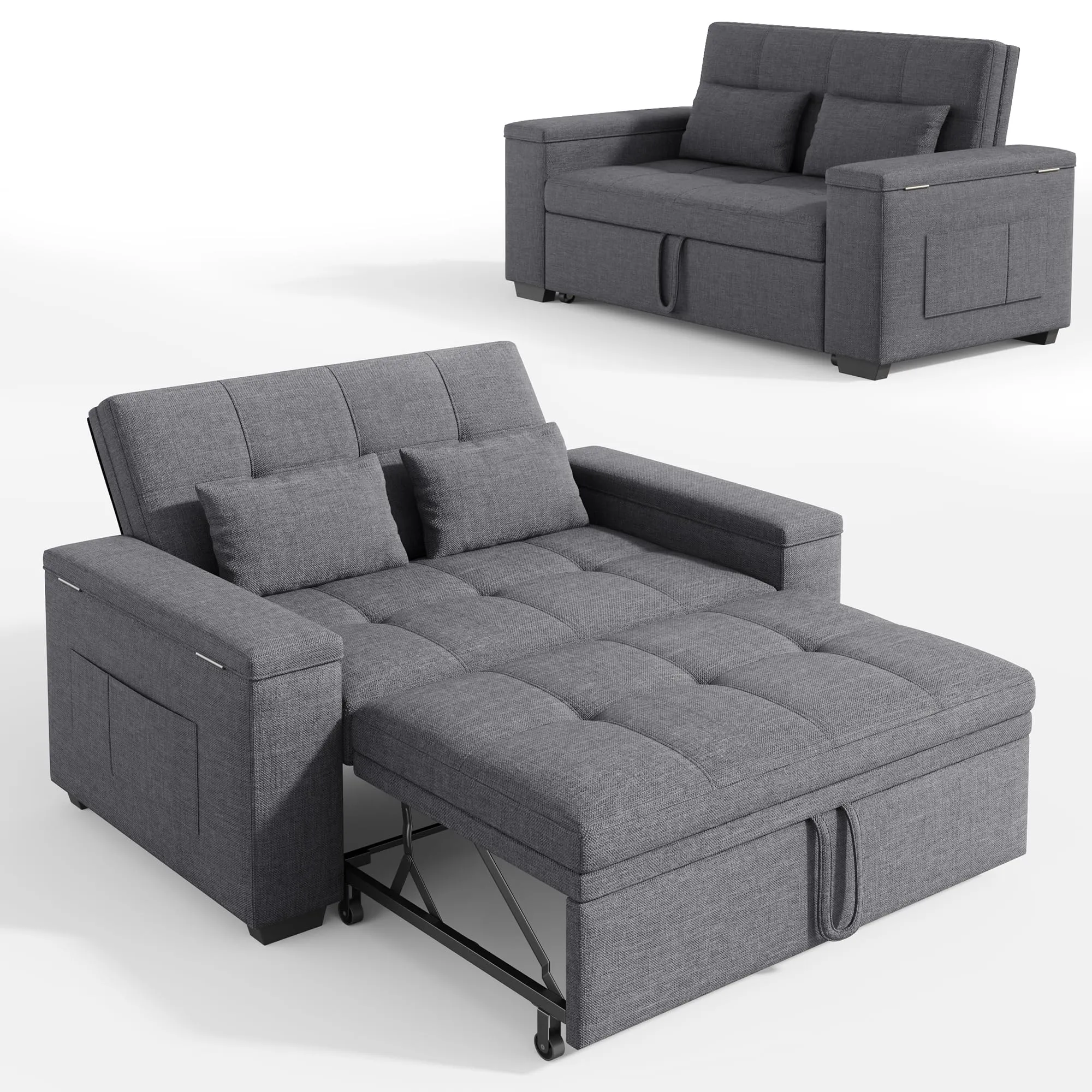 Xbro Divano Letto 2 Posti in Lino, Convertibile 3 in 1, 156x74x84 cm, Grigio Scuro - immagine 1