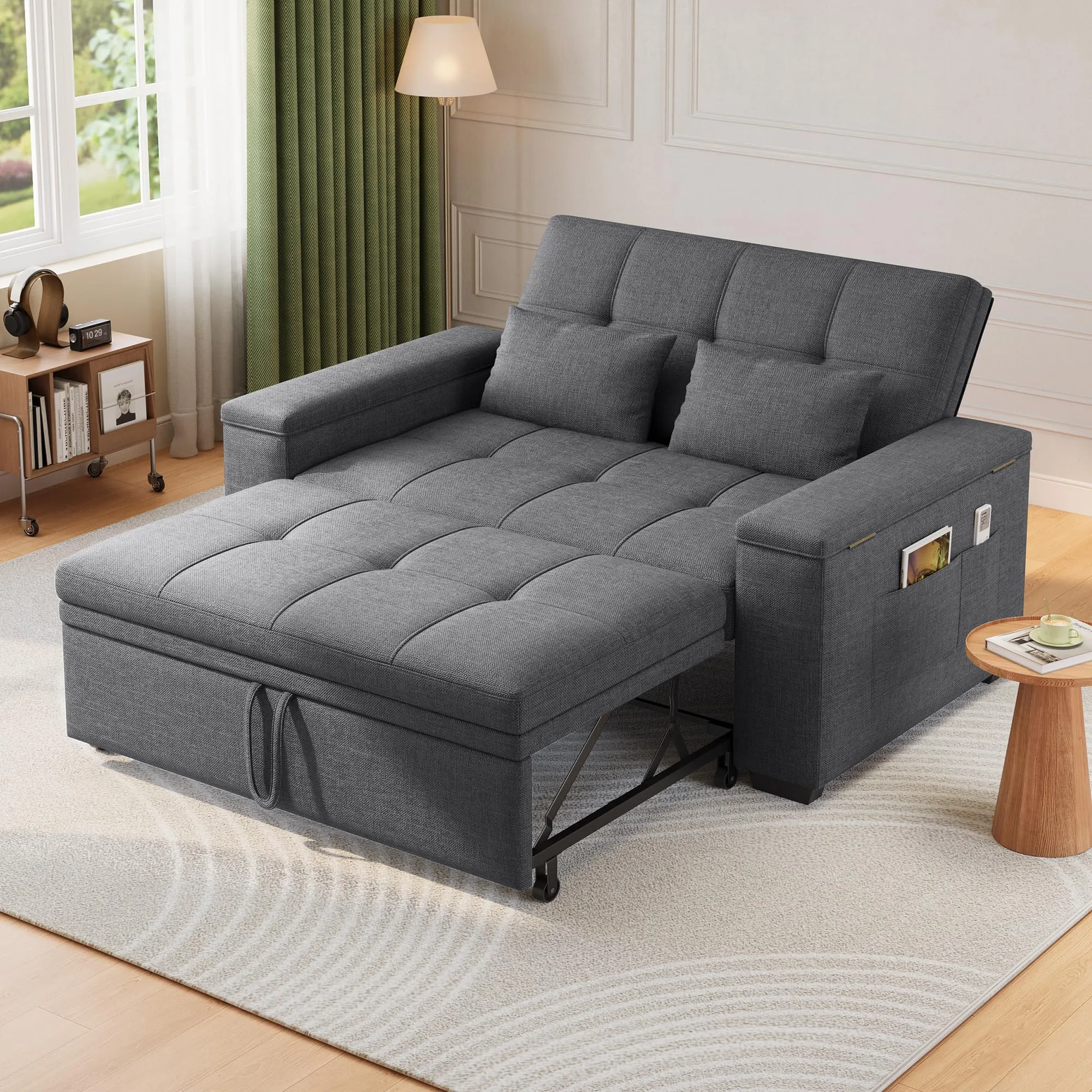 Xbro Divano Letto 2 Posti in Lino, Convertibile 3 in 1, 156x74x84 cm, Grigio Scuro - immagine 2