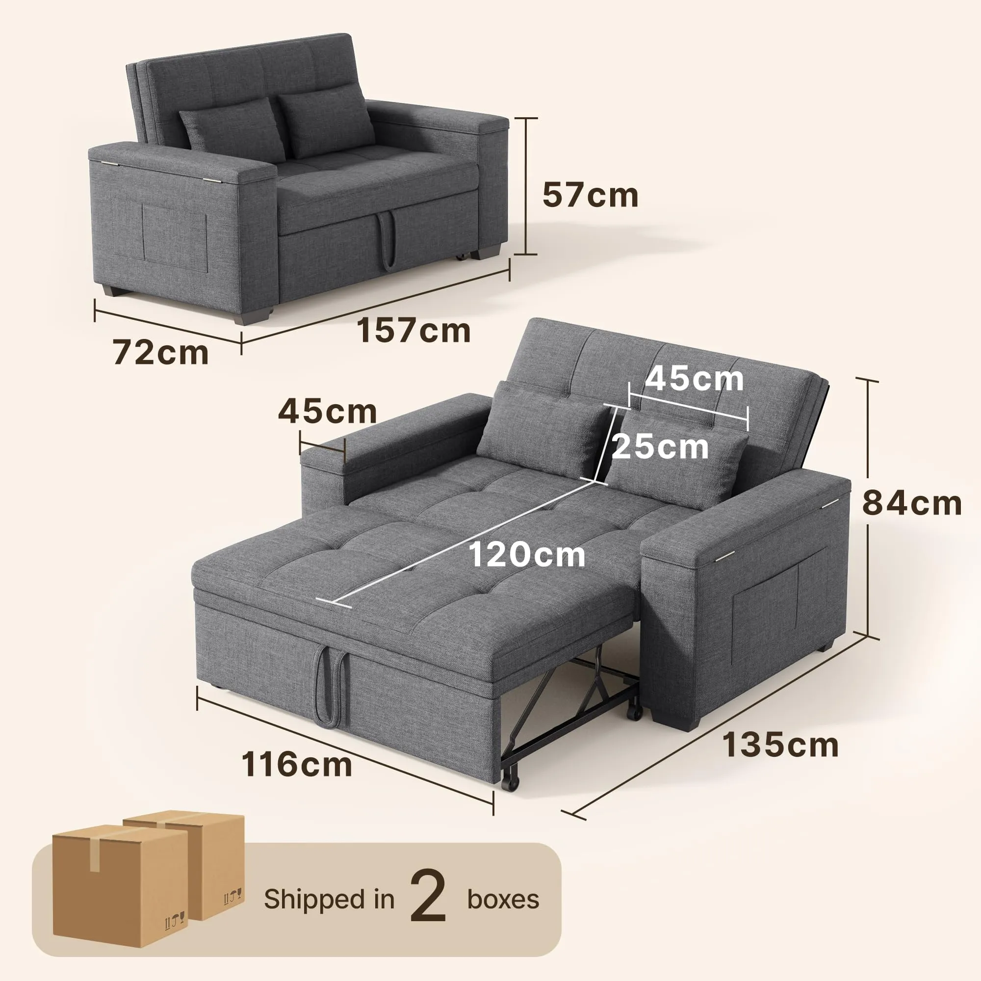 Xbro Divano Letto 2 Posti in Lino, Convertibile 3 in 1, 156x74x84 cm, Grigio Scuro - immagine 3