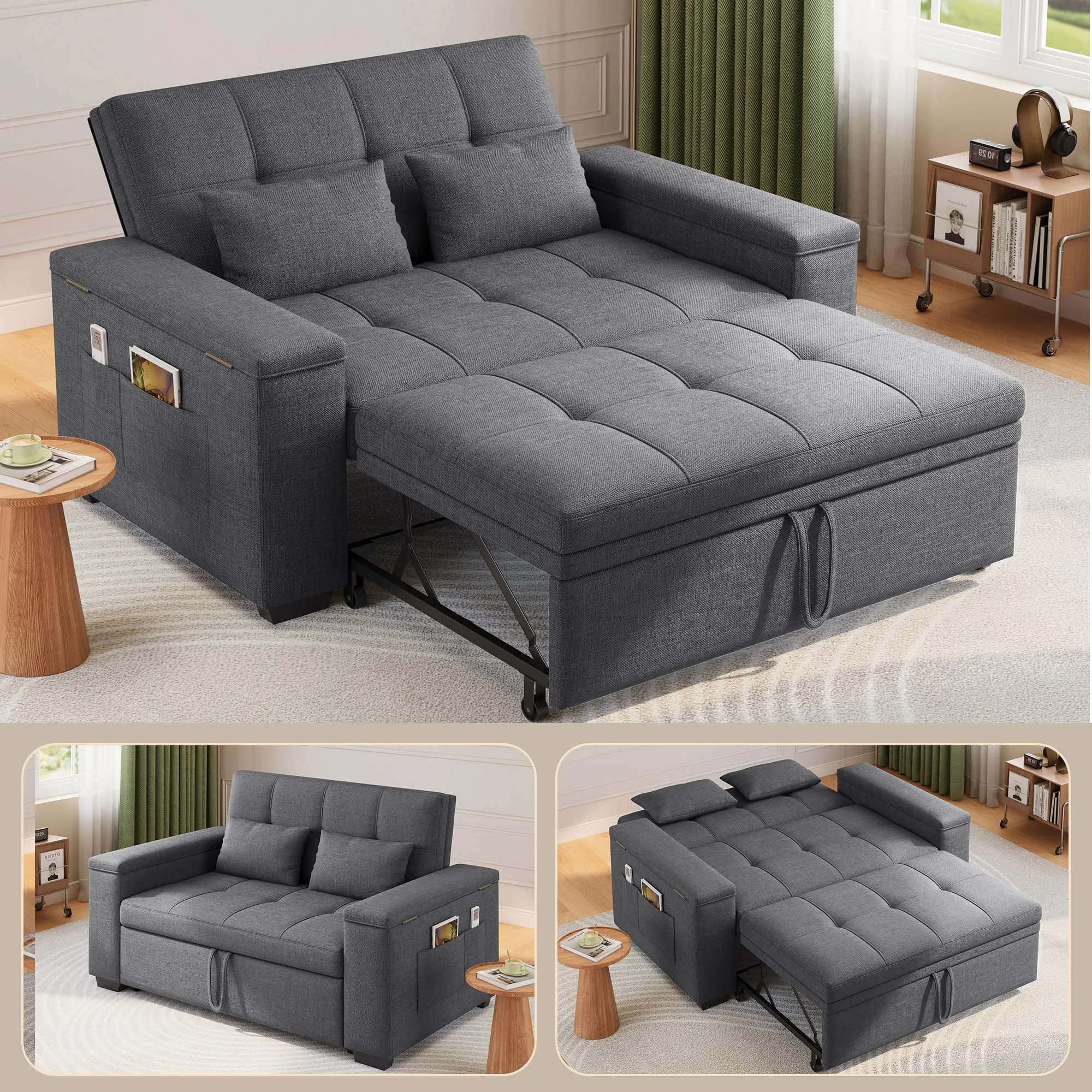 Xbro Divano Letto 2 Posti in Lino, Convertibile 3 in 1, 156x74x84 cm, Grigio Scuro - immagine 5