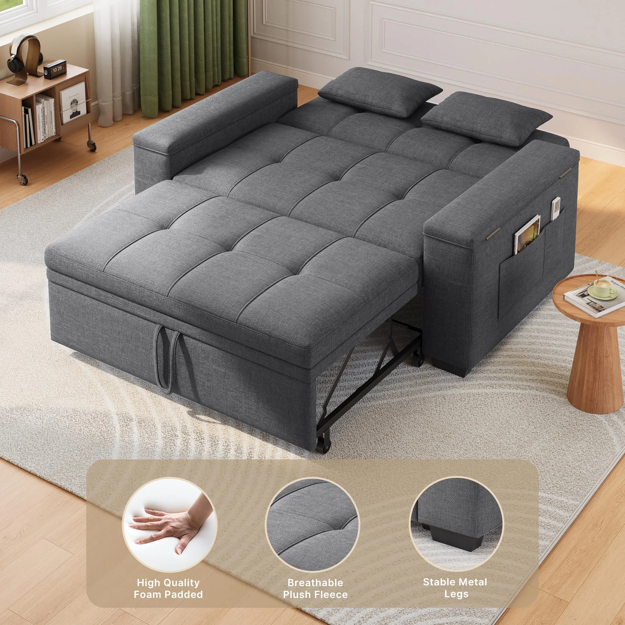 Xbro Divano Letto 2 Posti in Lino, Convertibile 3 in 1, 156x74x84 cm, Grigio Scuro - immagine 6