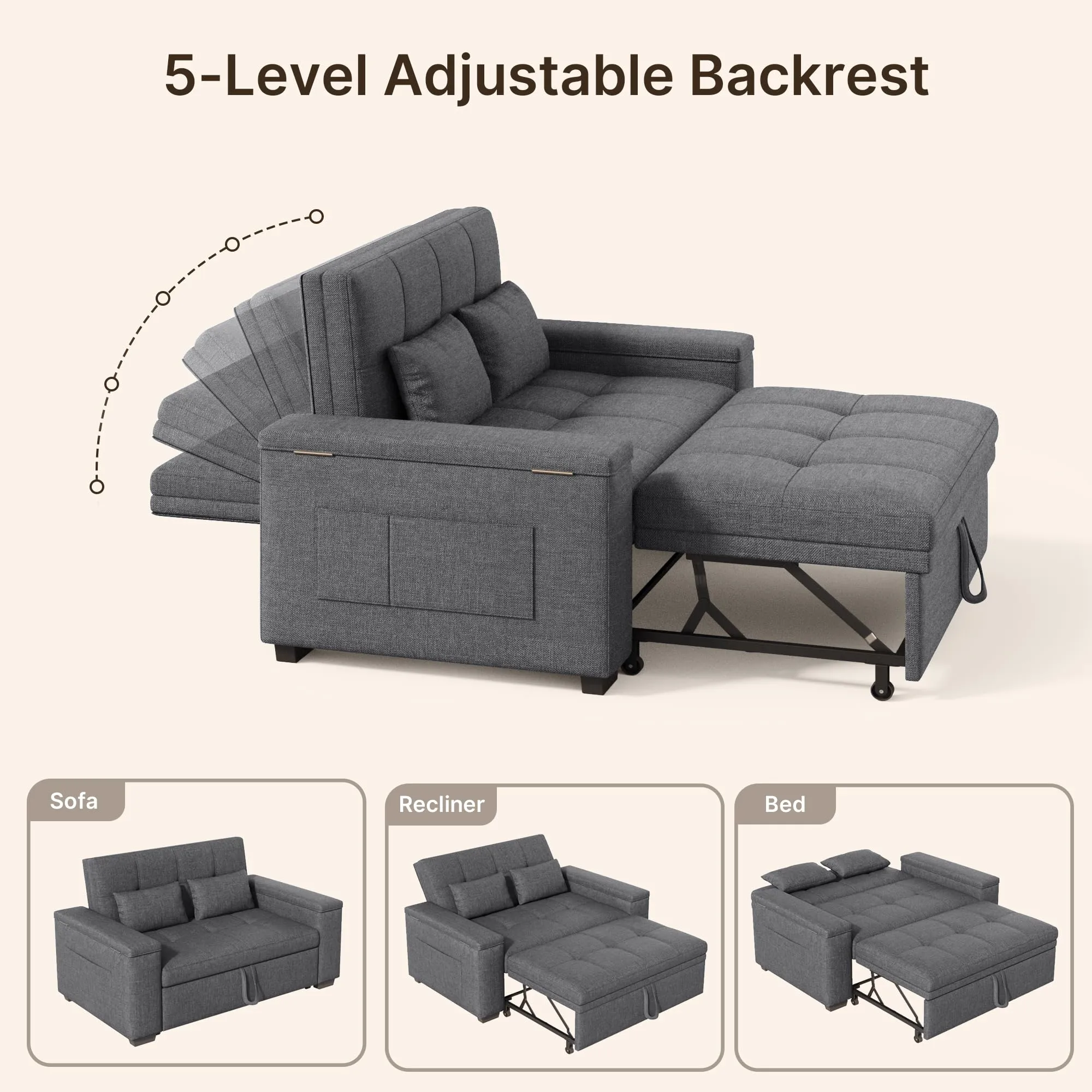 Xbro Divano Letto 2 Posti in Lino, Convertibile 3 in 1, 156x74x84 cm, Grigio Scuro - immagine 9