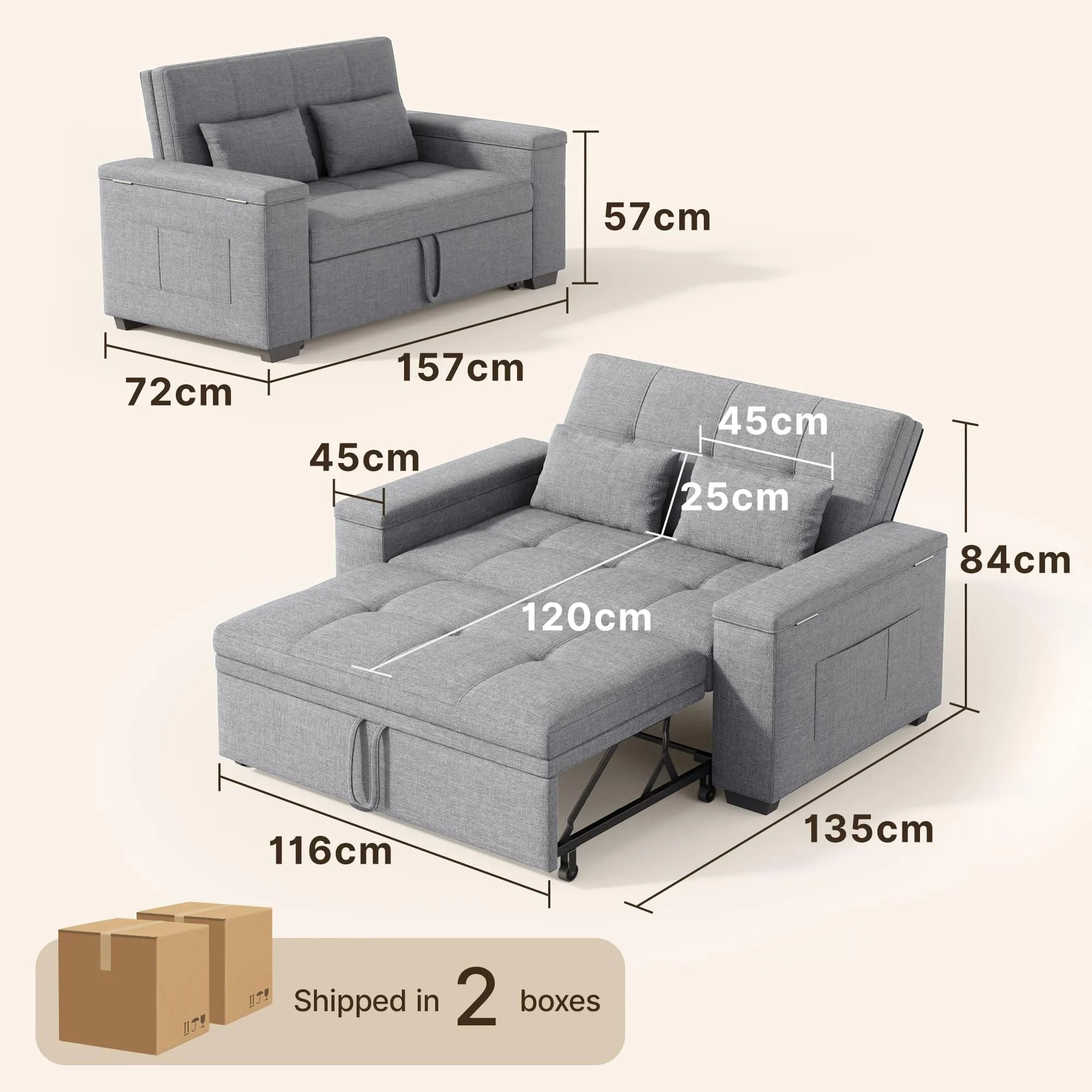 Xbro Divano Letto 2 Posti in Lino, Convertibile 3 in 1, Grigio Chiaro - immagine 2