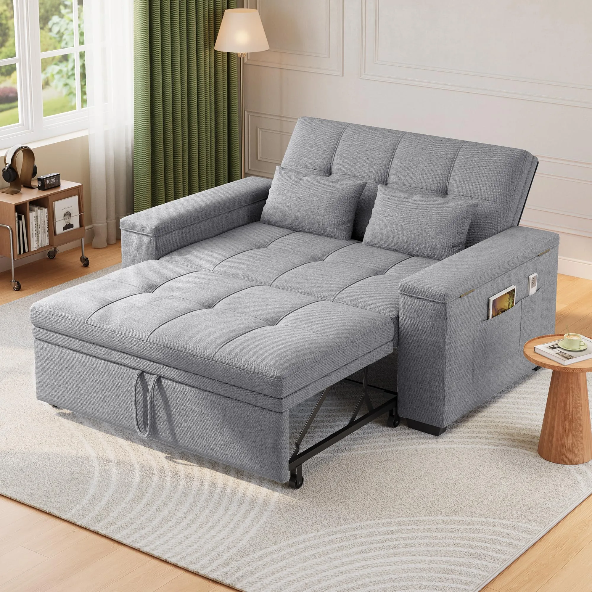 Xbro Divano Letto 2 Posti in Lino, Convertibile 3 in 1, Grigio Chiaro - immagine 4