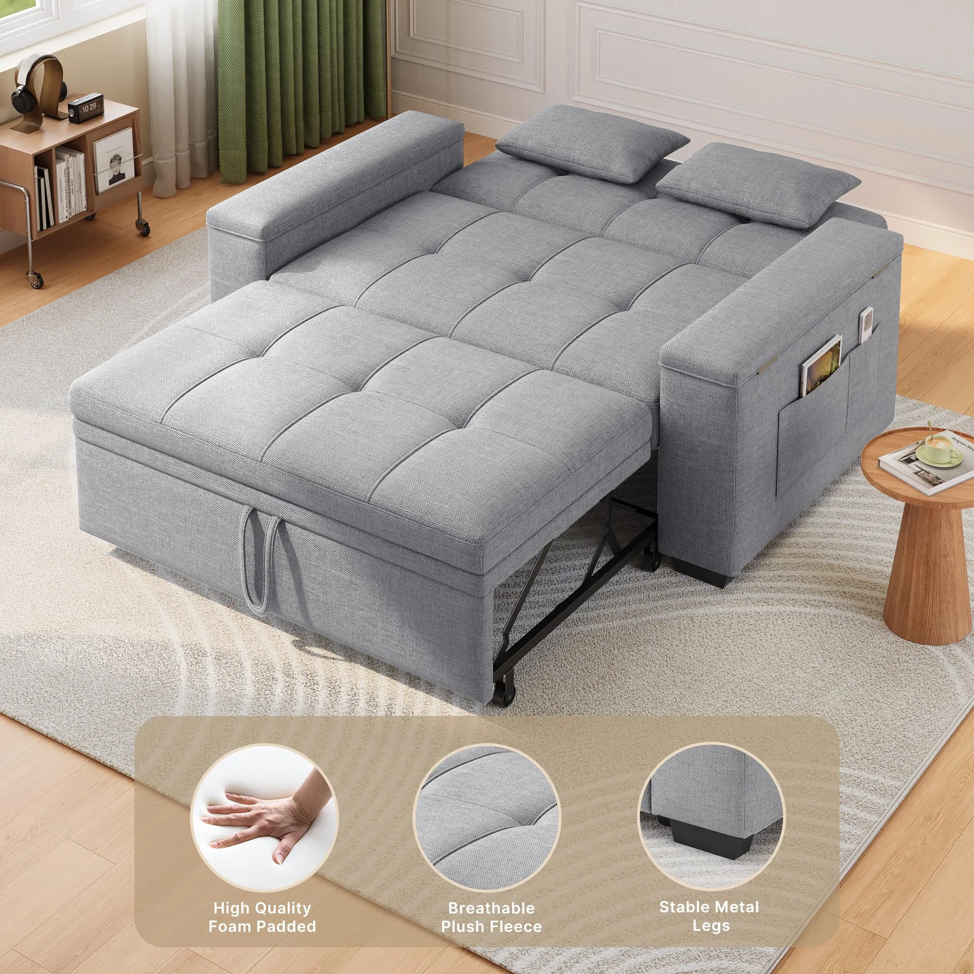 Xbro Divano Letto 2 Posti in Lino, Convertibile 3 in 1, Grigio Chiaro - immagine 5