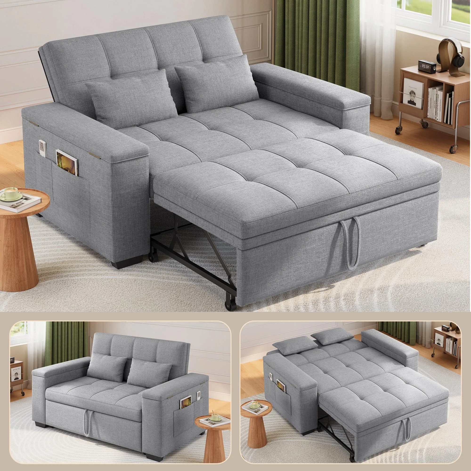 Xbro Divano Letto 2 Posti in Lino, Convertibile 3 in 1, Grigio Chiaro - immagine 6