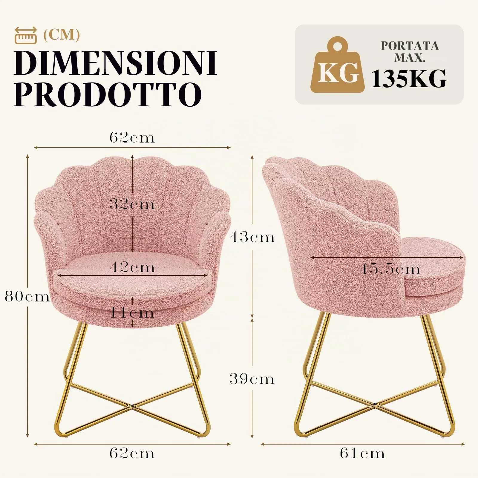 Hellove Set di 2 Poltrone a Conchiglia in Teddy con Gambe in Metallo Placcato Oro, Rosa - immagine 2
