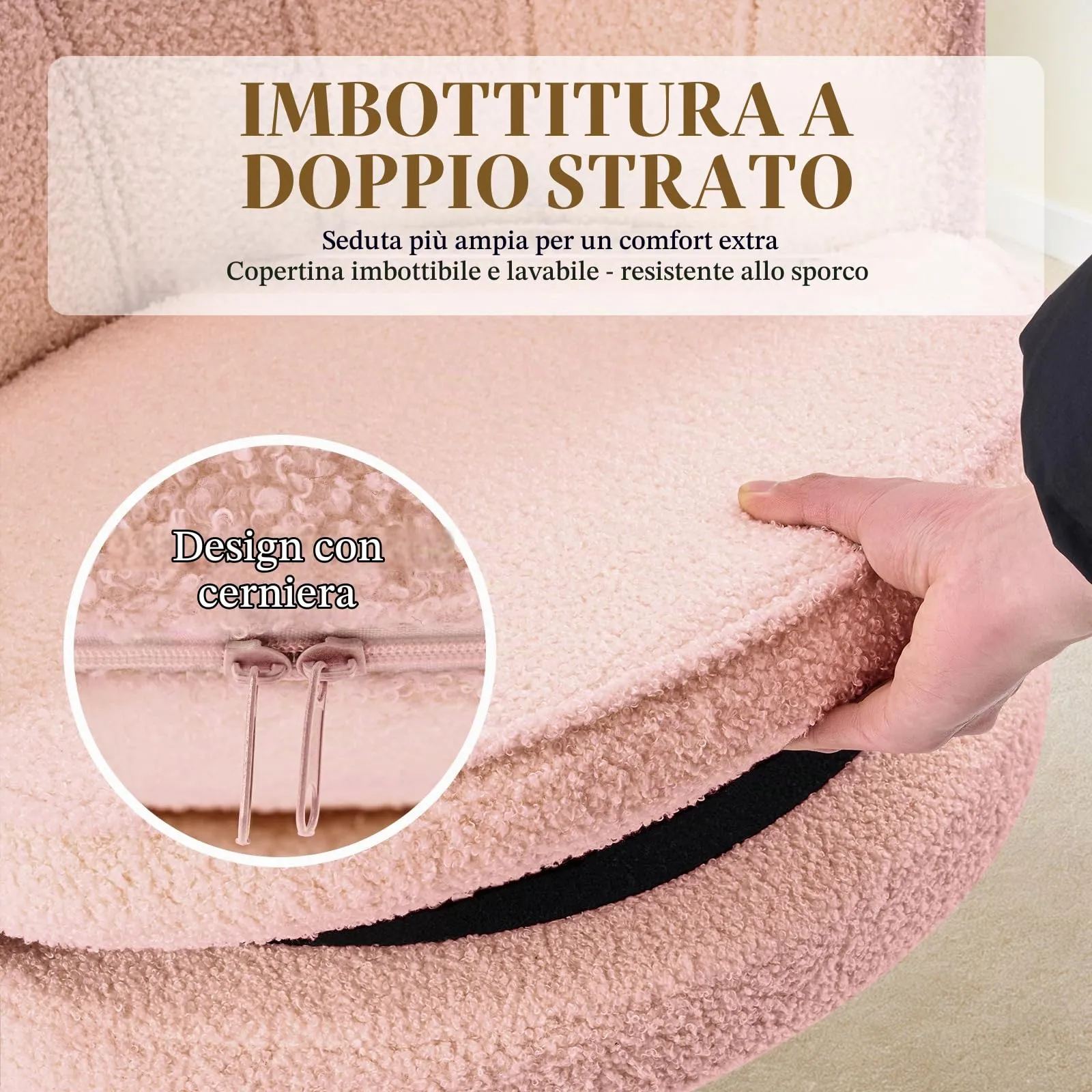 Hellove Set di 2 Poltrone a Conchiglia in Teddy con Gambe in Metallo Placcato Oro, Rosa - immagine 4