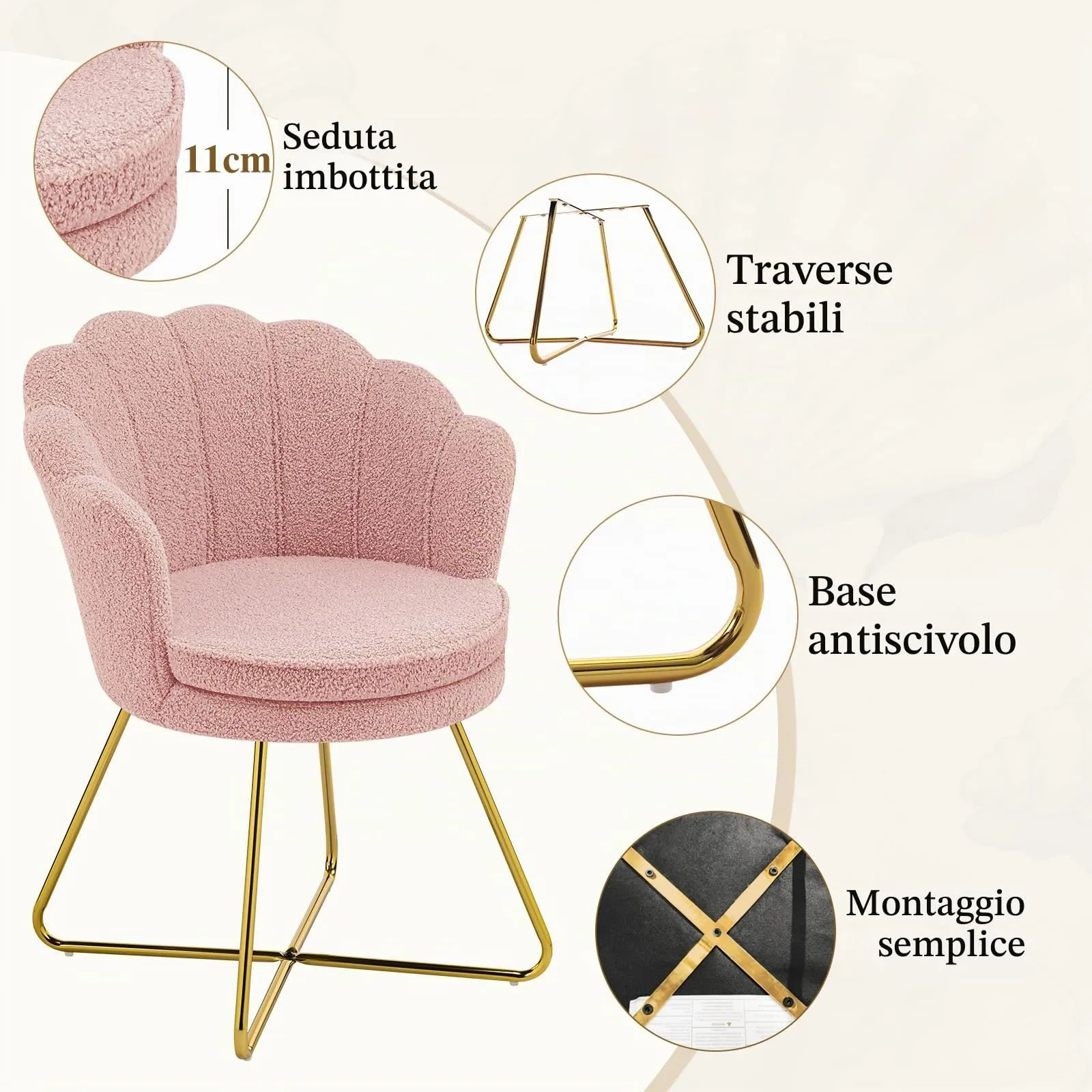 Hellove Set di 2 Poltrone a Conchiglia in Teddy con Gambe in Metallo Placcato Oro, Rosa - immagine 5