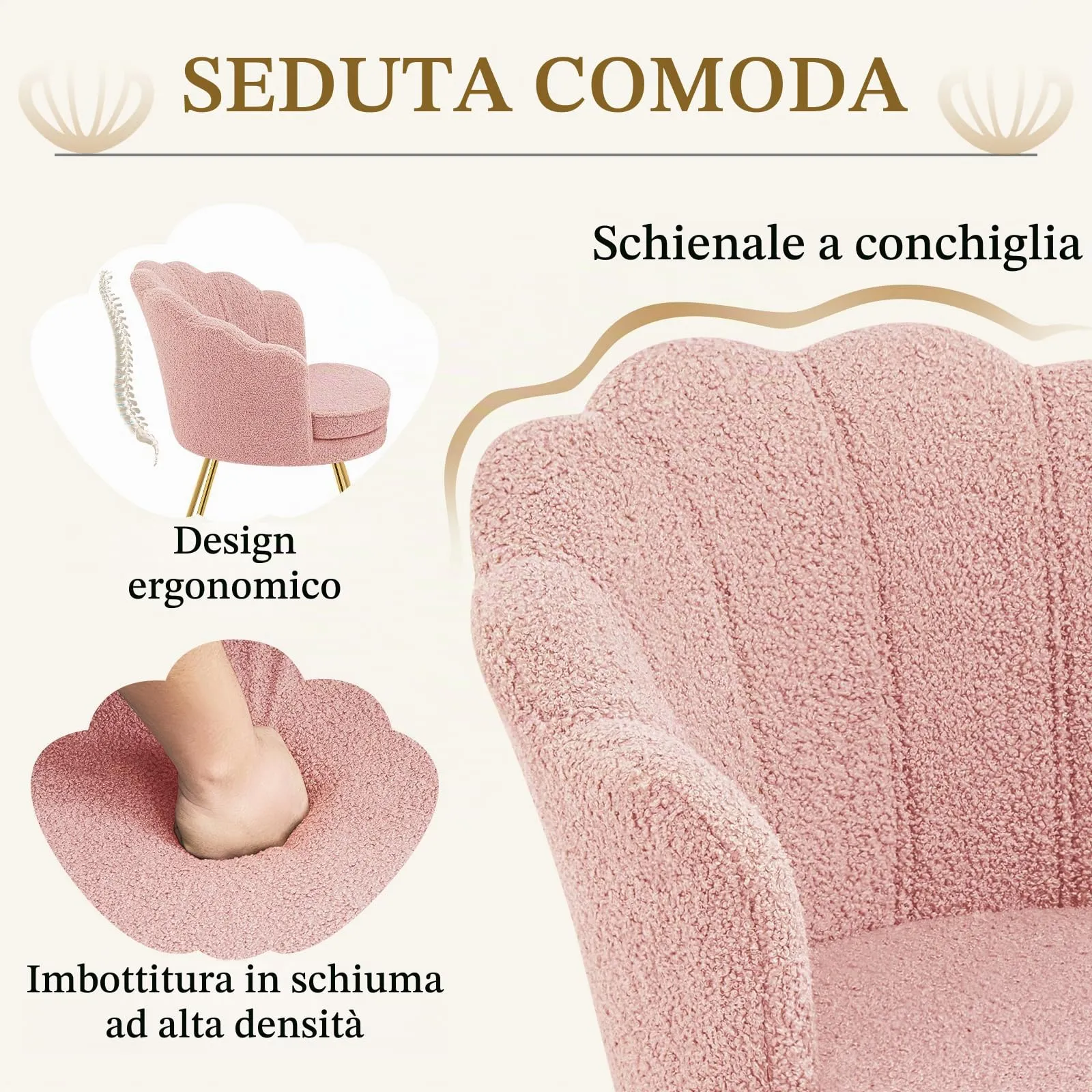 Hellove Set di 2 Poltrone a Conchiglia in Teddy con Gambe in Metallo Placcato Oro, Rosa - immagine 6