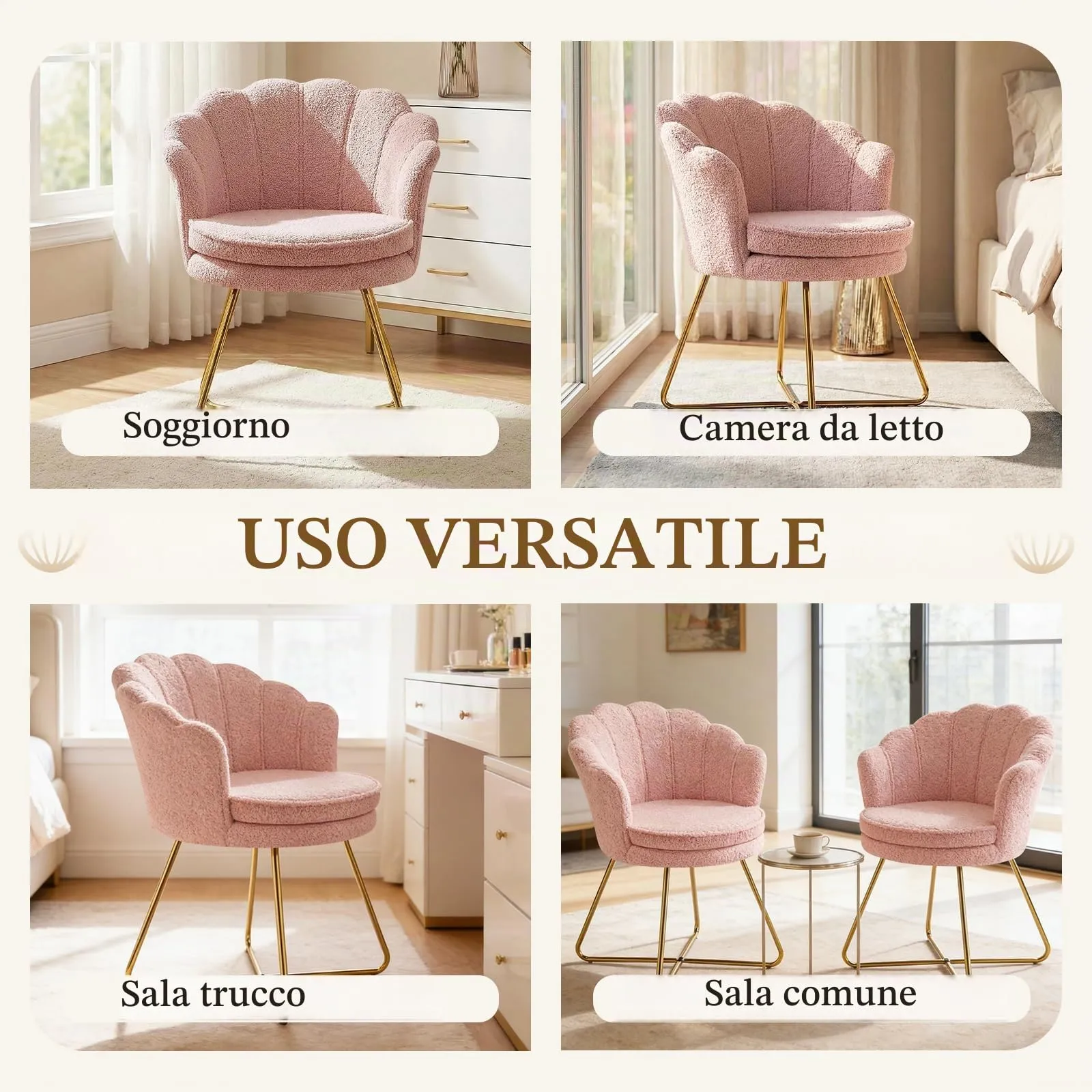 Hellove Set di 2 Poltrone a Conchiglia in Teddy con Gambe in Metallo Placcato Oro, Rosa - immagine 7