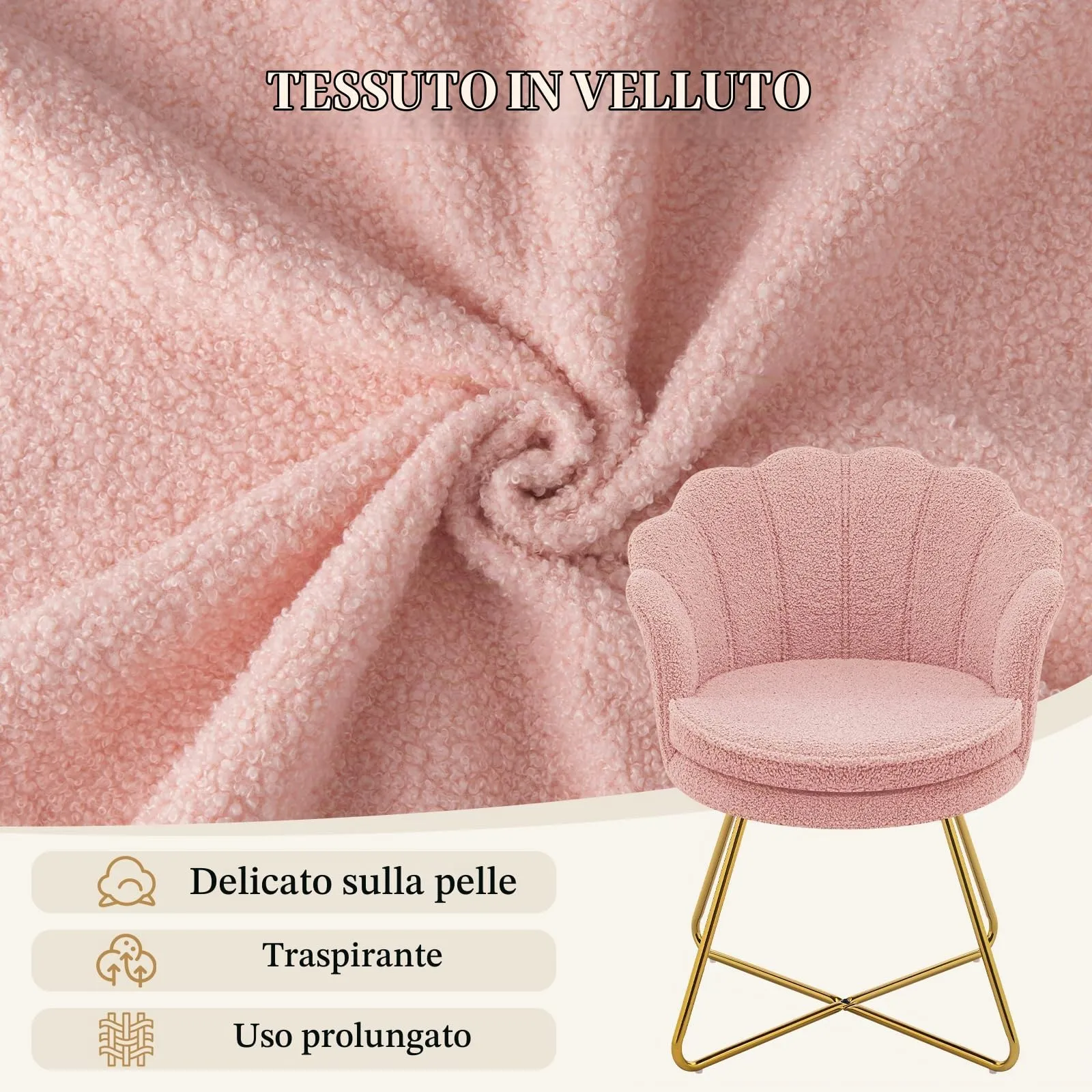 Hellove Set di 2 Poltrone a Conchiglia in Teddy con Gambe in Metallo Placcato Oro, Rosa - immagine 9
