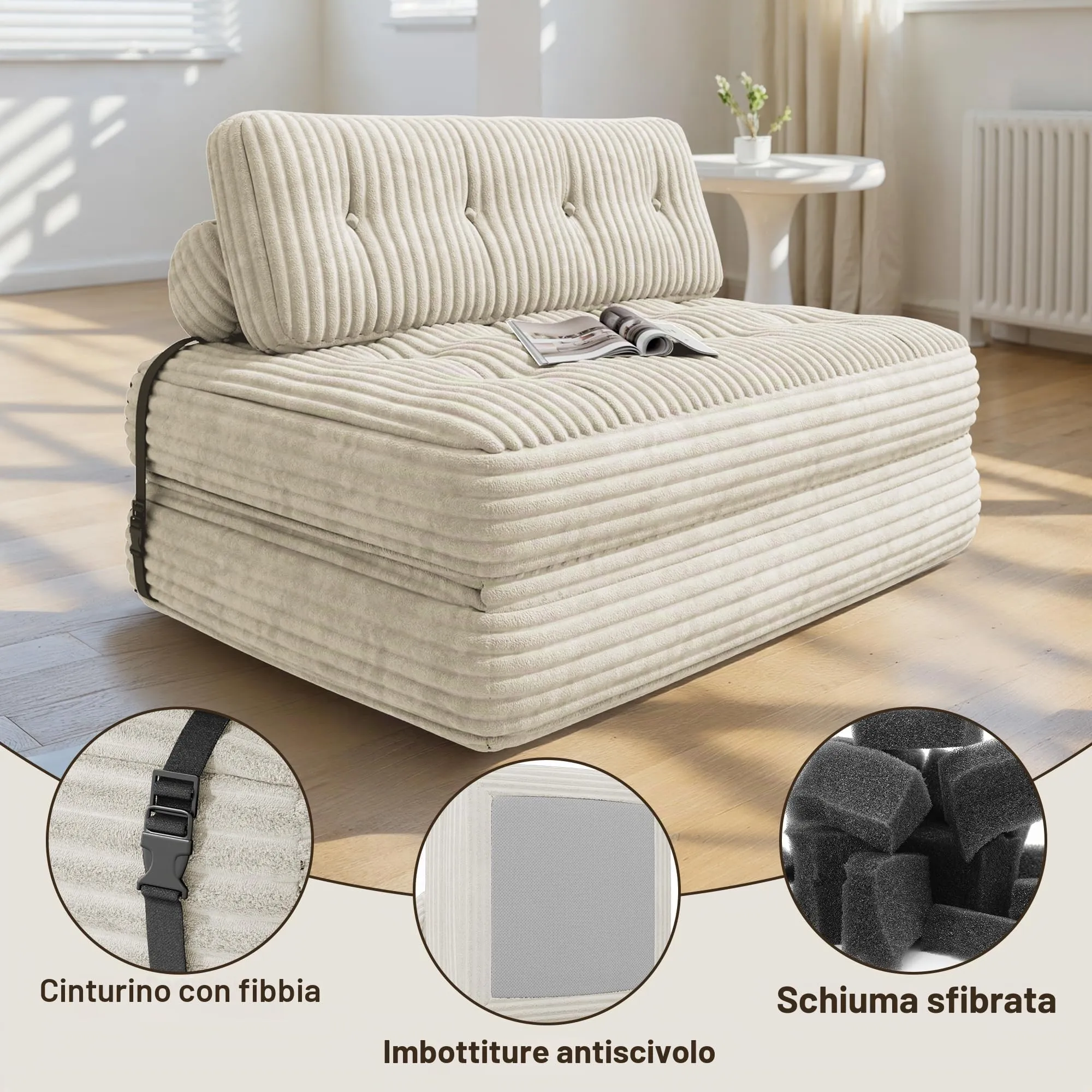 Xbro Divano Letto Matrimoniale 2 Posti Pieghevole 180x130 cm, Beige - immagine 5