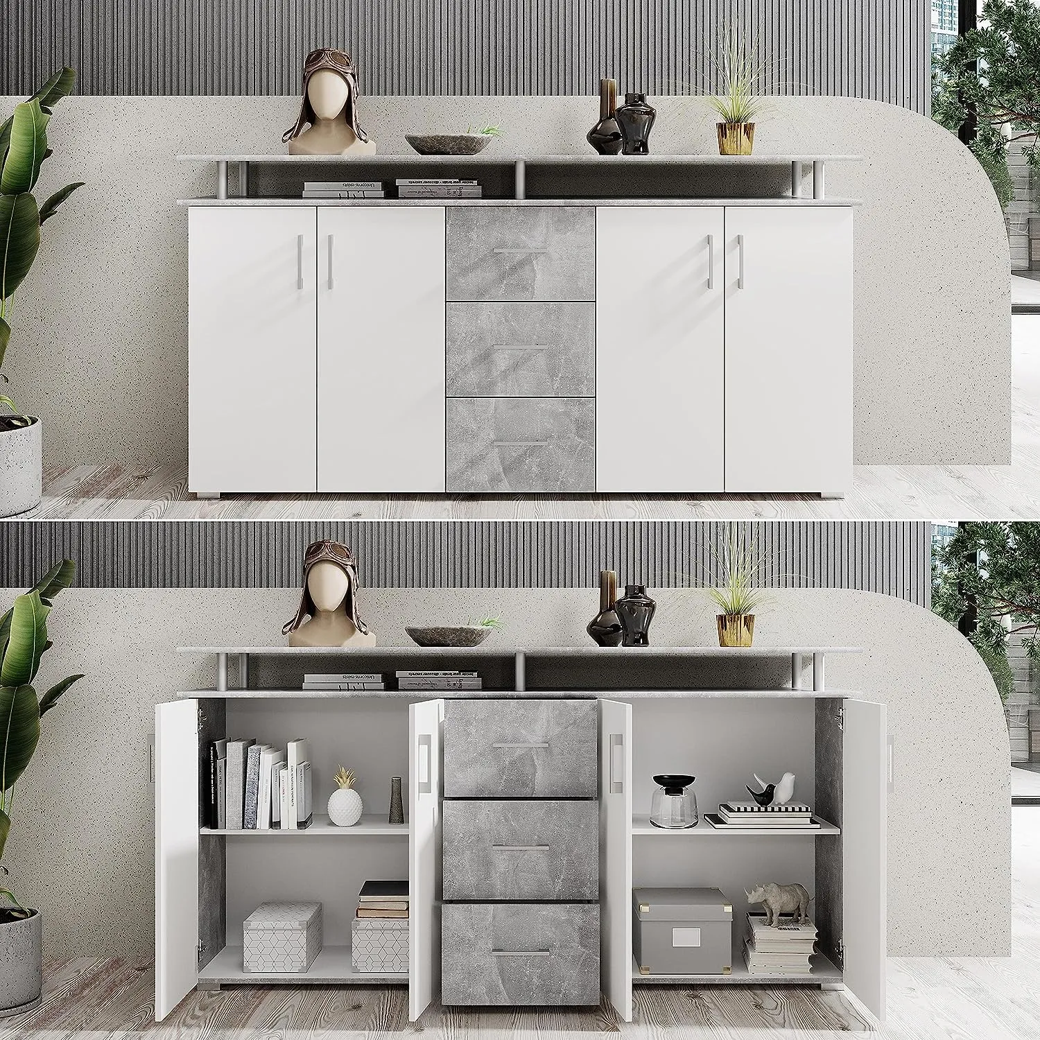 Avanti Trendstore Lift Comò con 4 Ante e 3 Cassetti, Laminato, 176,5x90x38,5 cm (Grigio/Bianco) - immagine 5