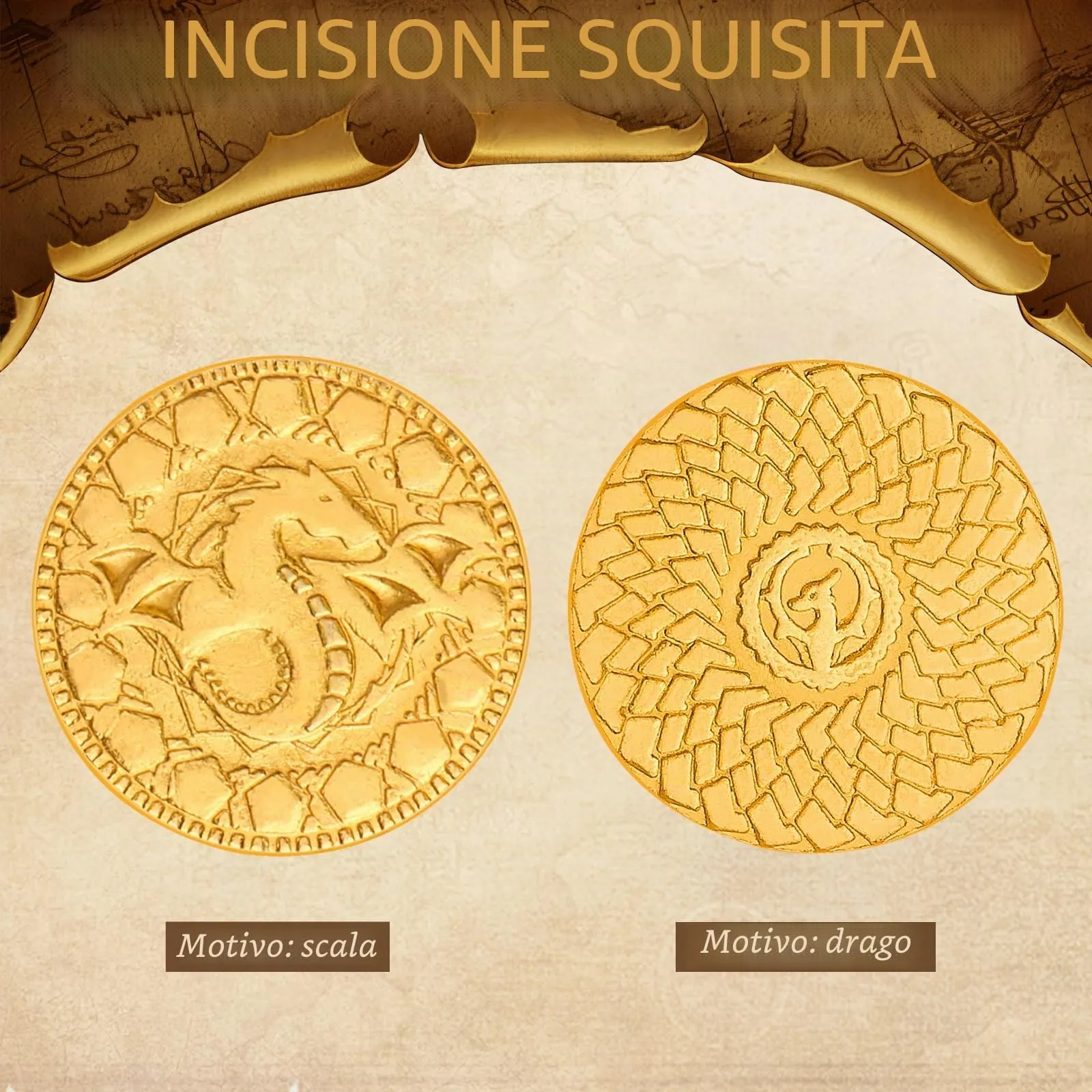 Byhoo 50 Monete in Metallo Oro e Custodia in Pelle per Dungeons & Dragons e Giochi di Ruolo - immagine 3